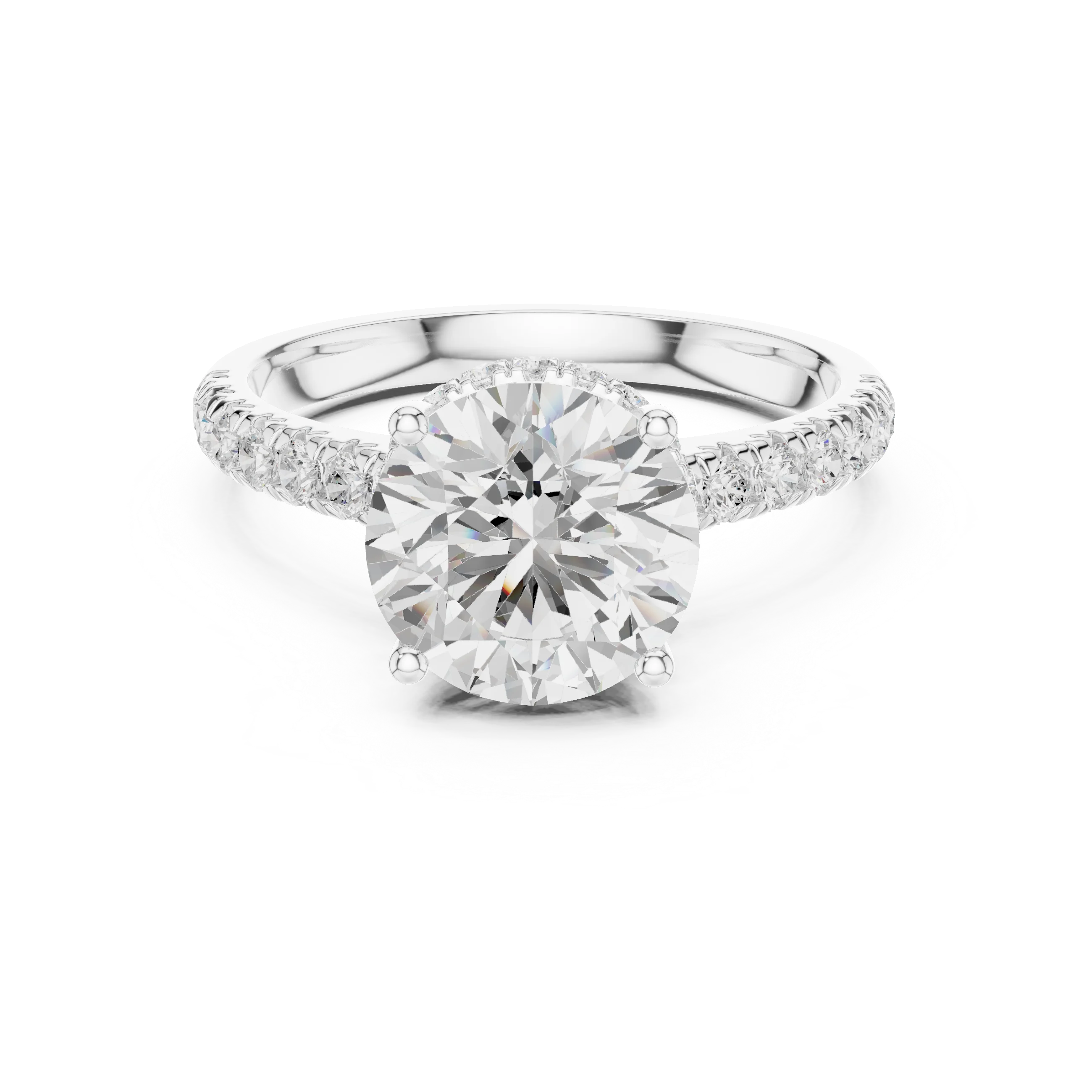 Round Cut Diamond Hidden Halo Engagement Ring with Pave Band