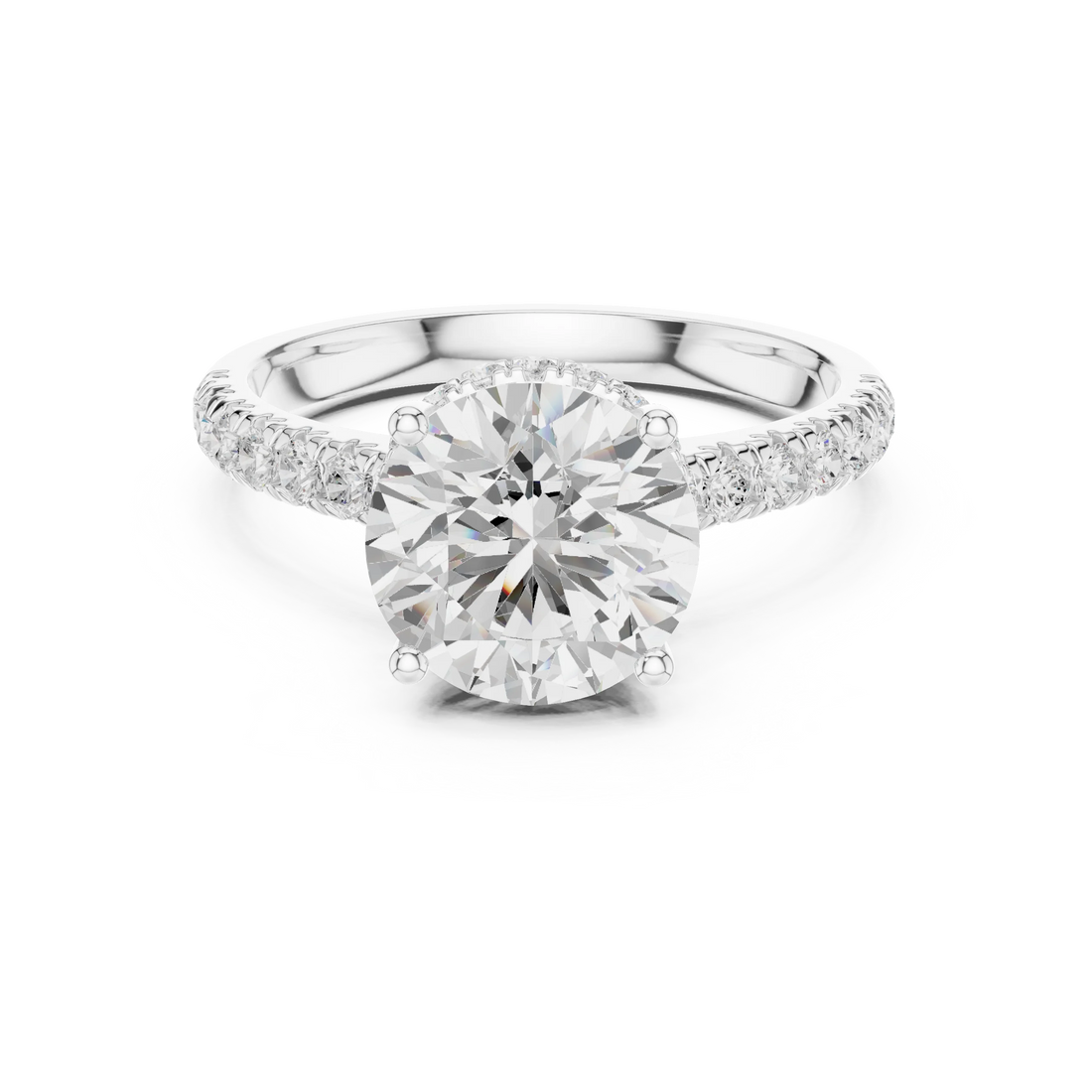 Round Cut Diamond Hidden Halo Engagement Ring with Pave Band