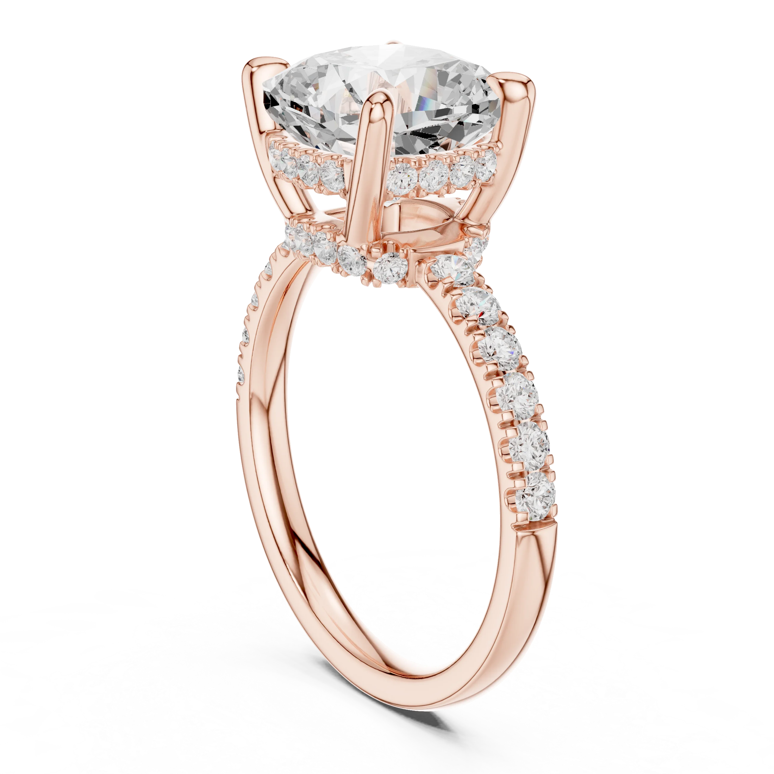 Cushion Diamond Hidden Halo Engagement Ring with Pave Band