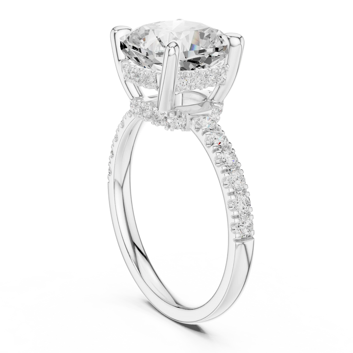 Cushion Diamond Hidden Halo Engagement Ring with Pave Band
