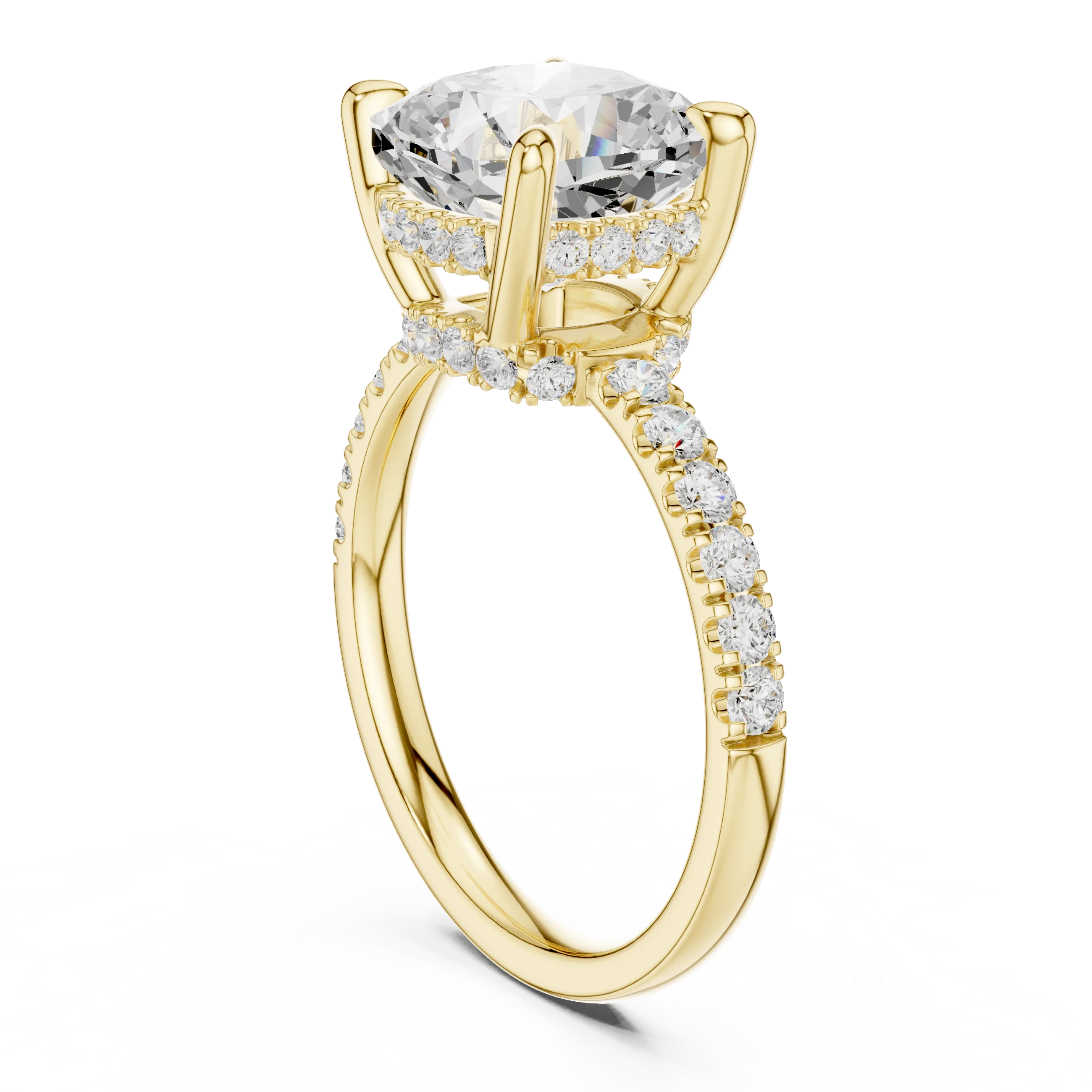 Cushion Diamond Hidden Halo Engagement Ring with Pave Band