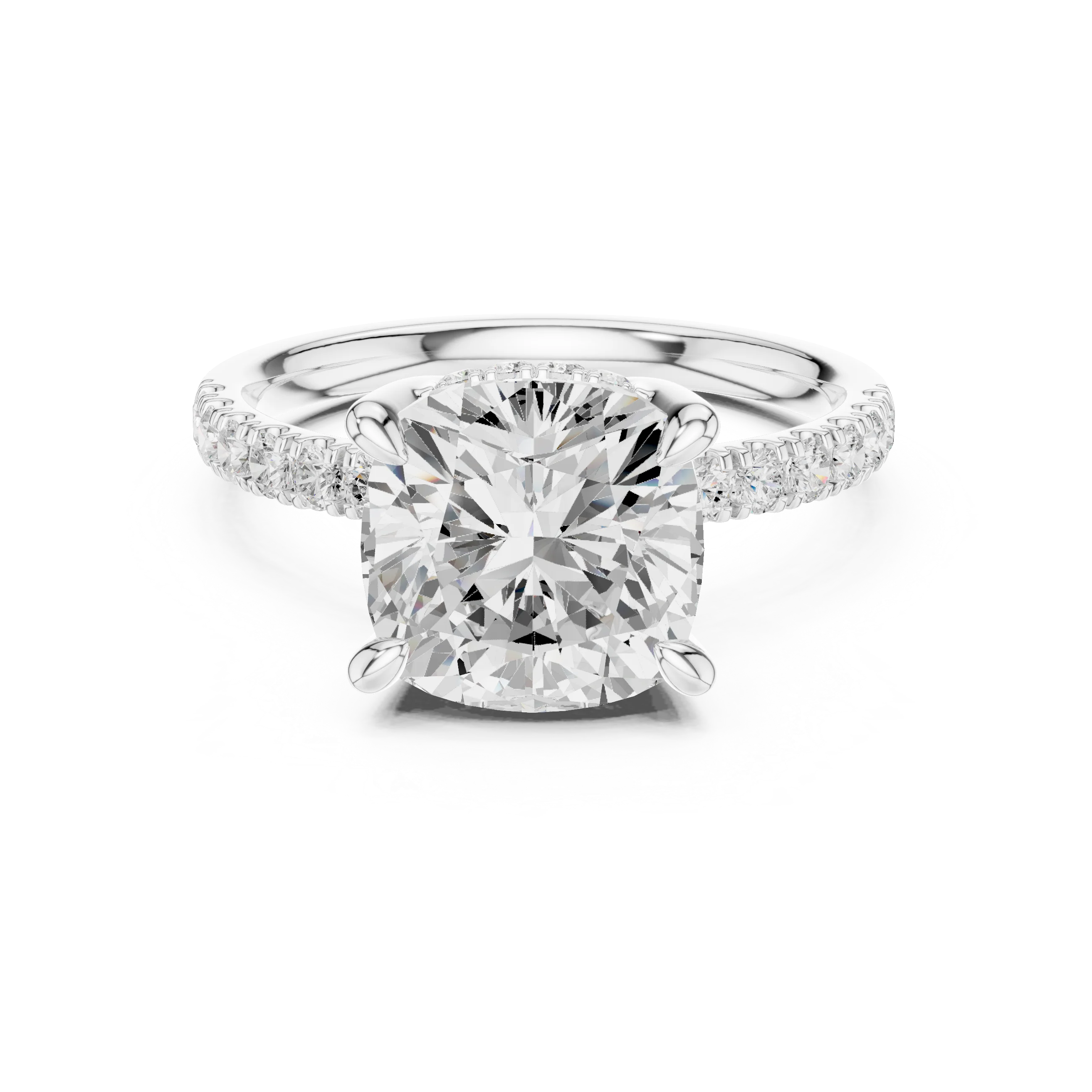 Cushion Diamond Hidden Halo Engagement Ring with Pave Band