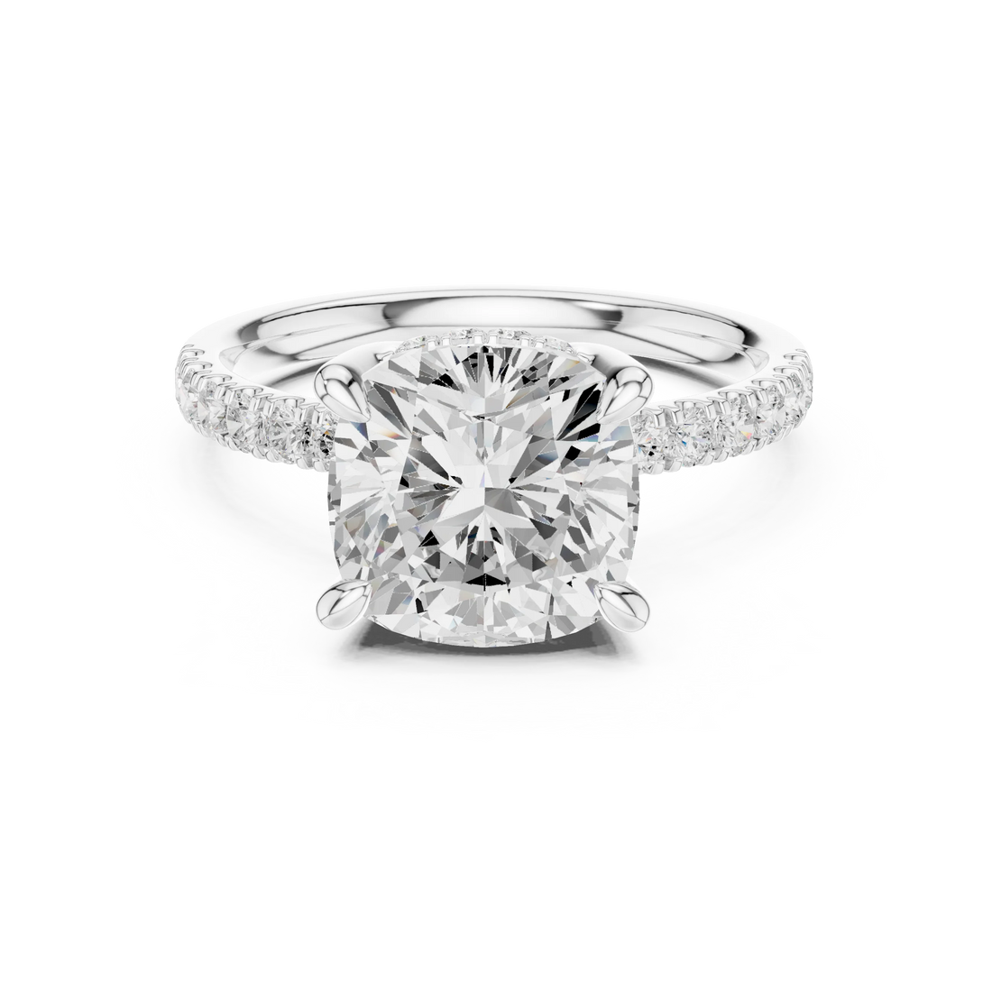 Cushion Diamond Hidden Halo Engagement Ring with Pave Band
