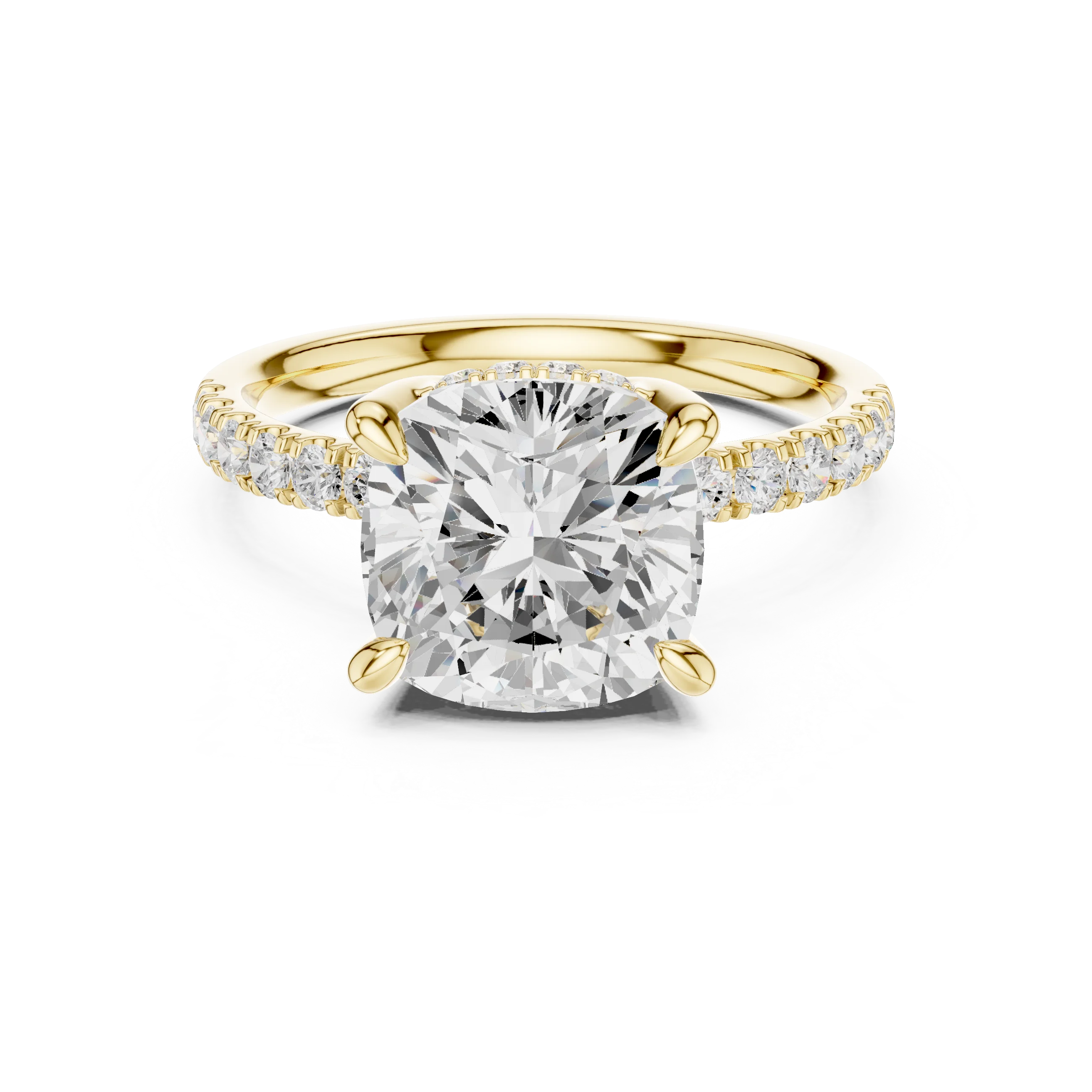 Cushion Diamond Hidden Halo Engagement Ring with Pave Band