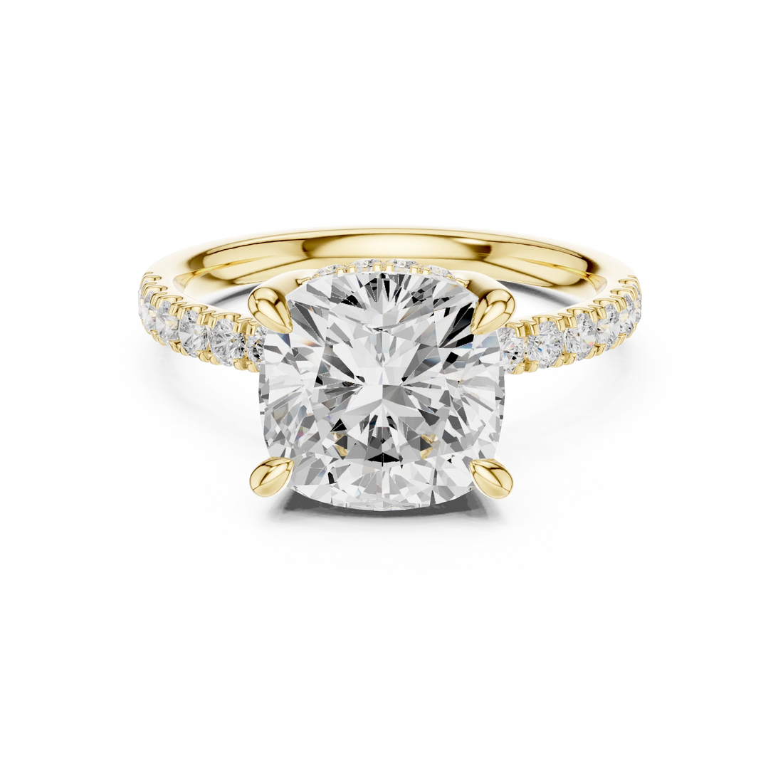 Cushion Diamond Hidden Halo Engagement Ring with Pave Band