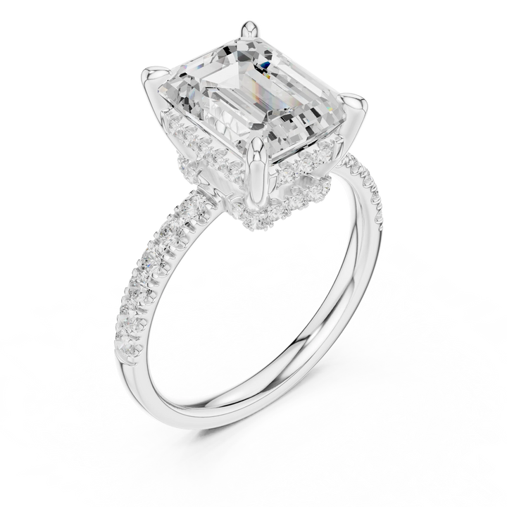 Emerald Diamond Hidden Halo Engagement Ring with Pave Band