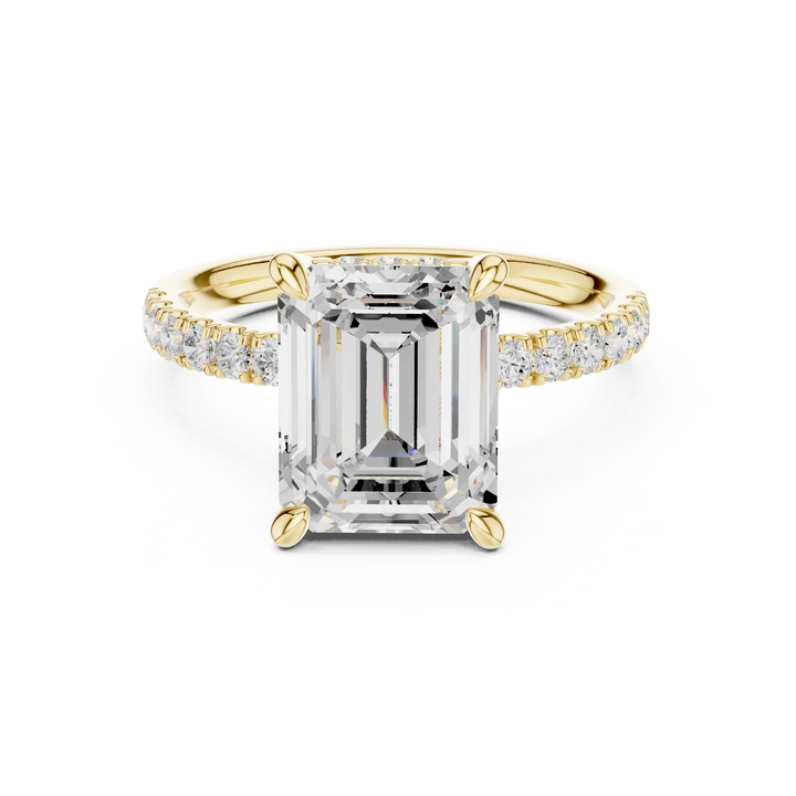 Emerald Diamond Hidden Halo Engagement Ring with Pave Band