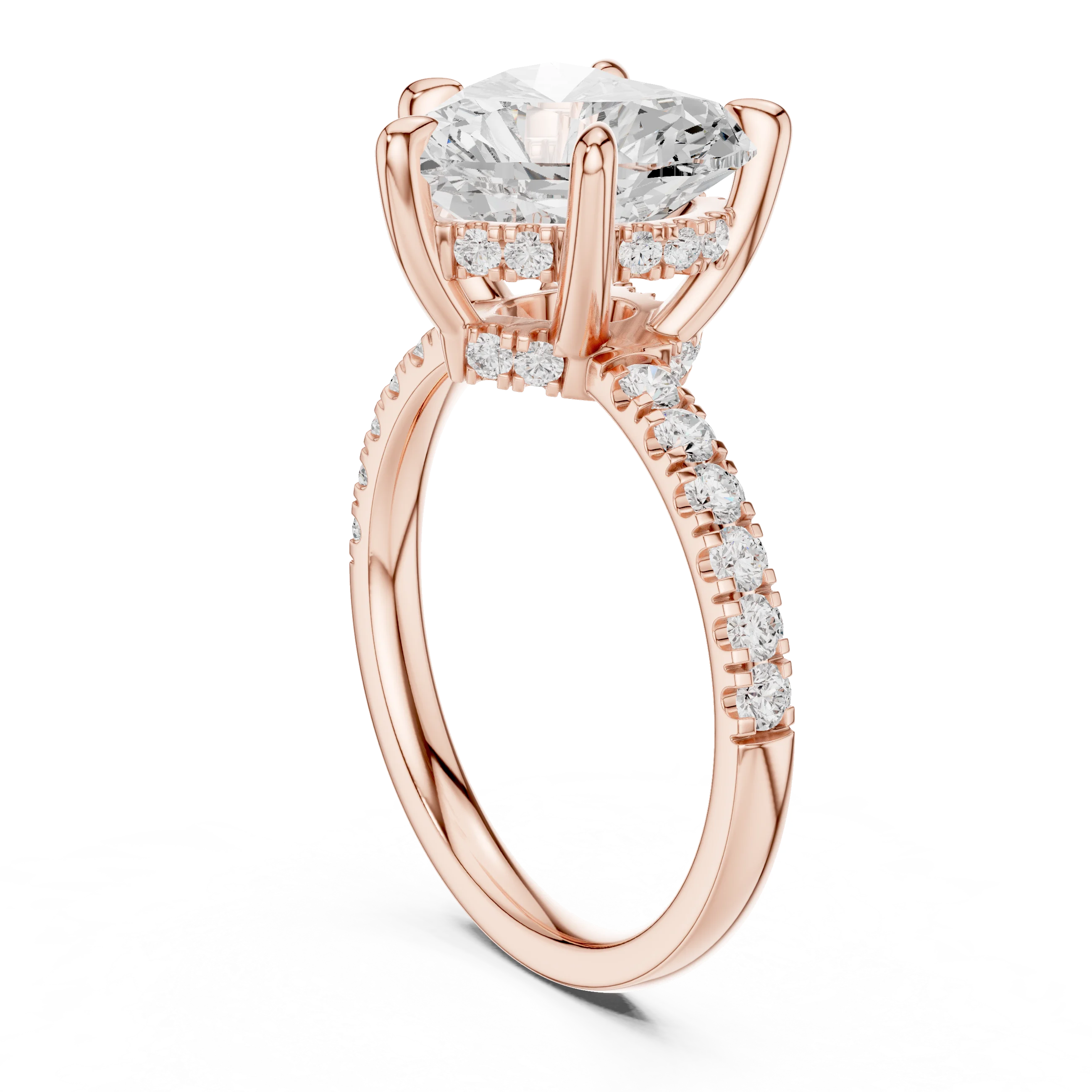 Heart Diamond Hidden Halo Engagement Ring with Pave Band