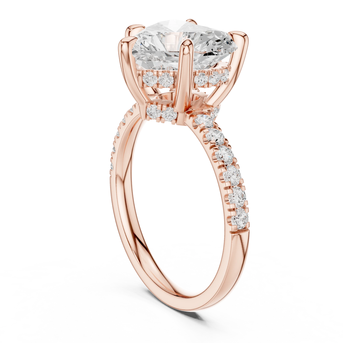 Heart Diamond Hidden Halo Engagement Ring with Pave Band