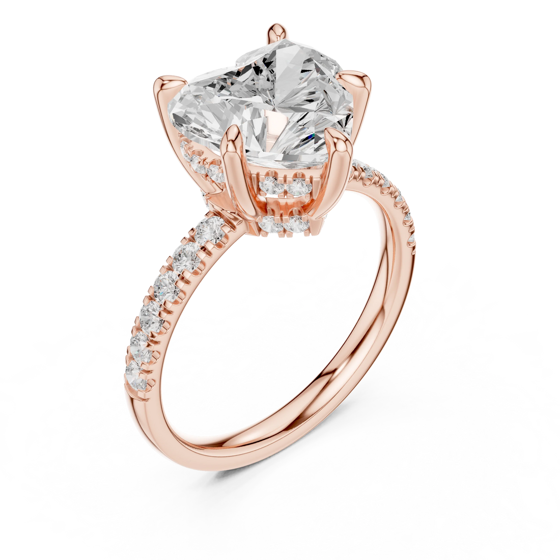 Heart Diamond Hidden Halo Engagement Ring with Pave Band