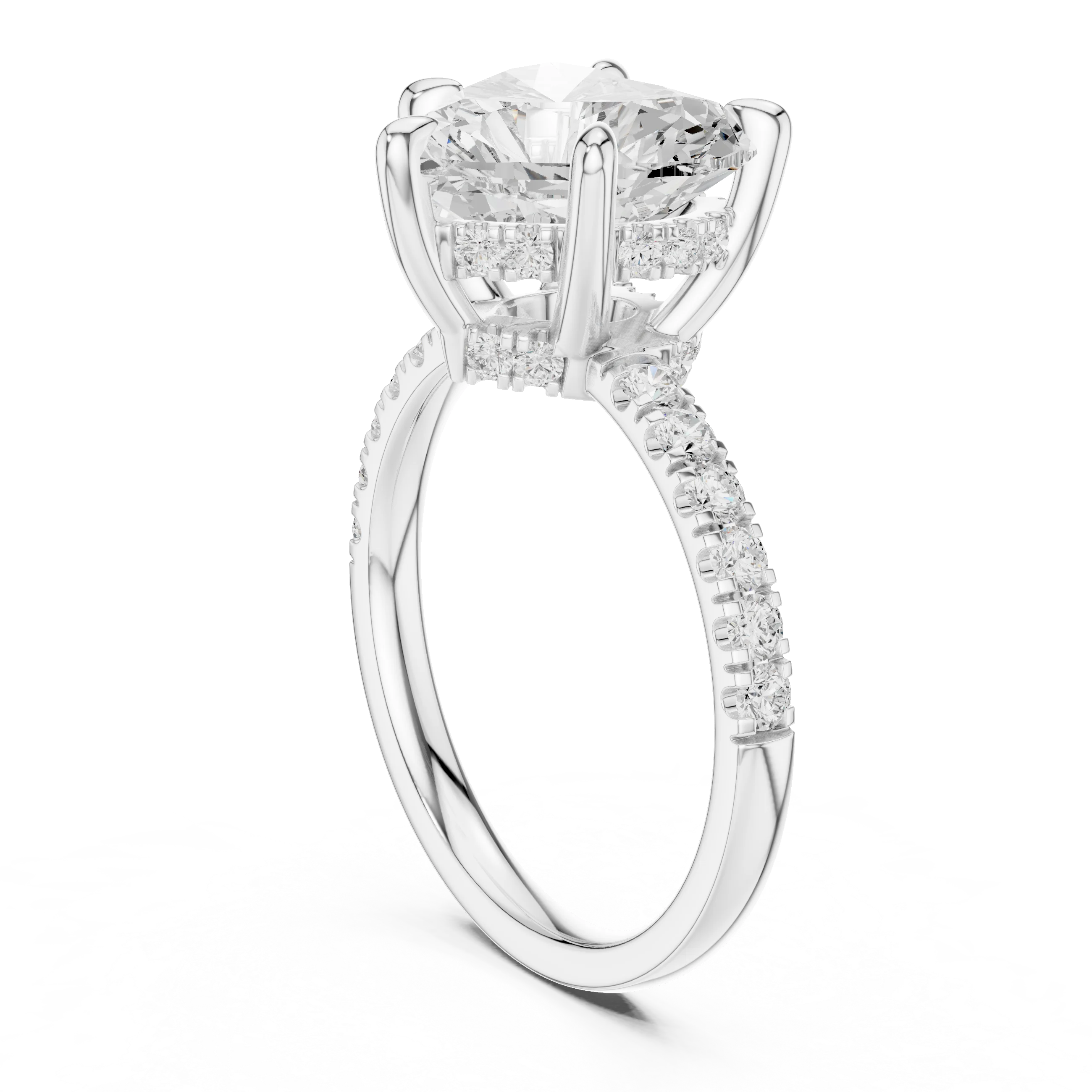 Heart Diamond Hidden Halo Engagement Ring with Pave Band