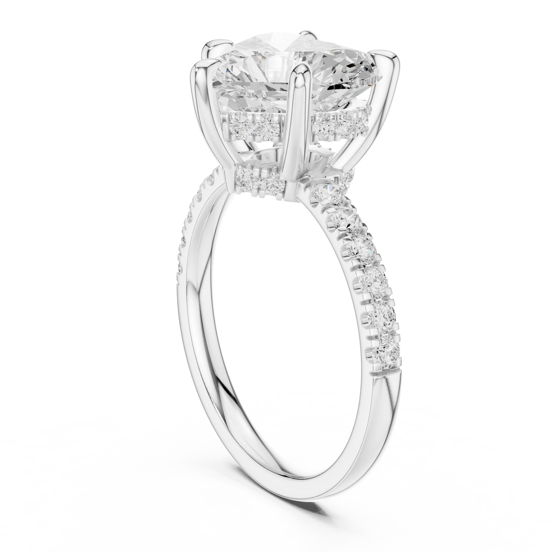 Heart Diamond Hidden Halo Engagement Ring with Pave Band