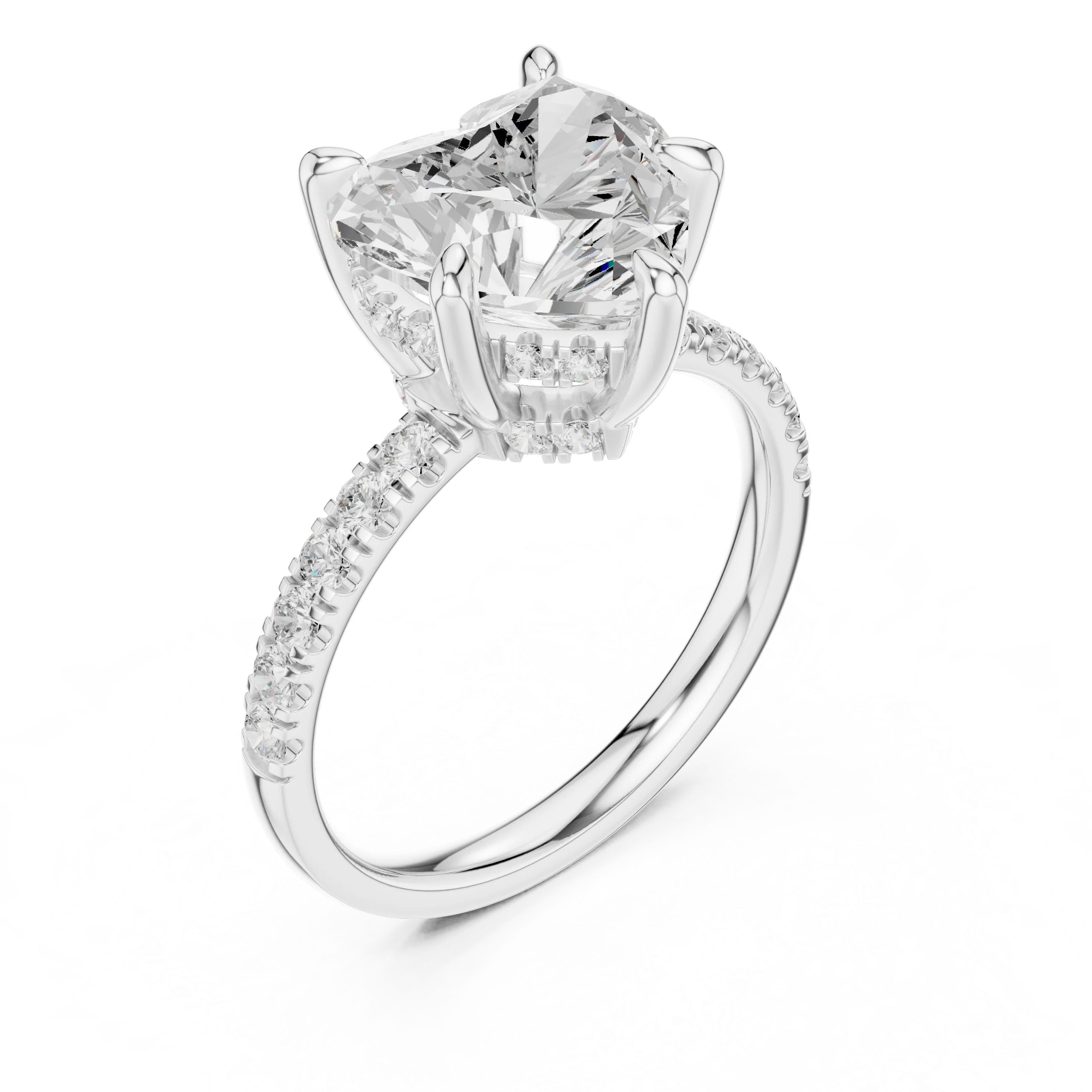 Heart Diamond Hidden Halo Engagement Ring with Pave Band