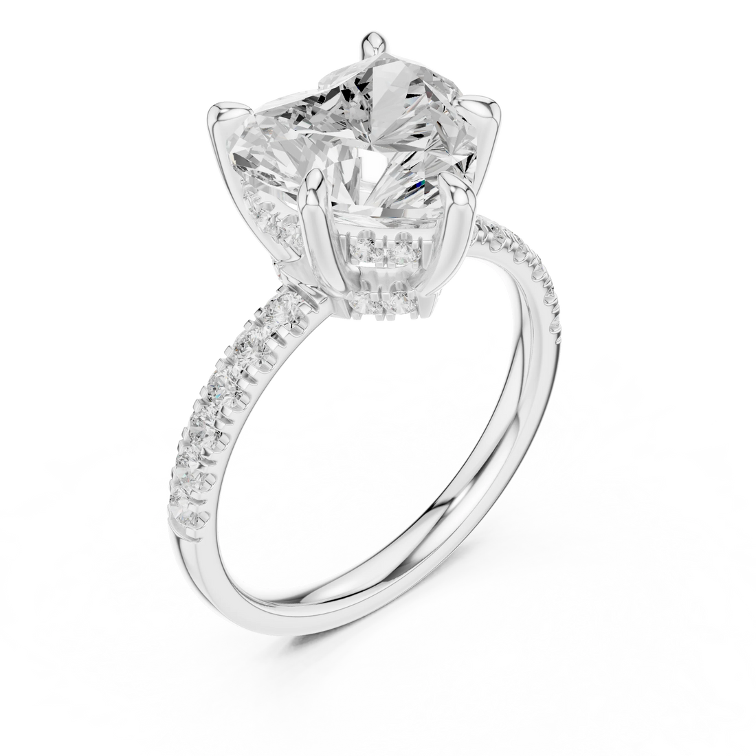 Heart Diamond Hidden Halo Engagement Ring with Pave Band