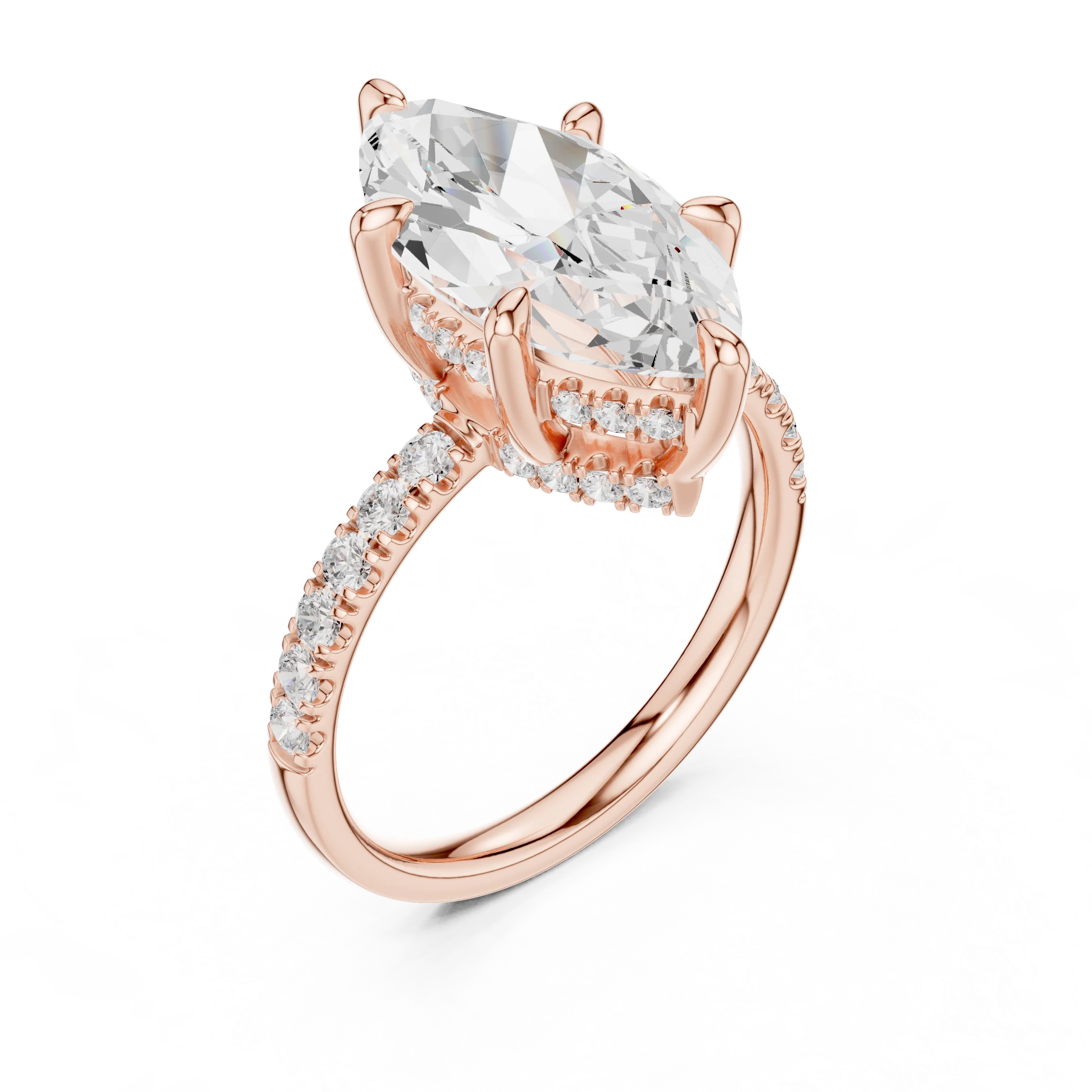 Marquise Diamond Hidden Halo Engagement Ring with Pave Band