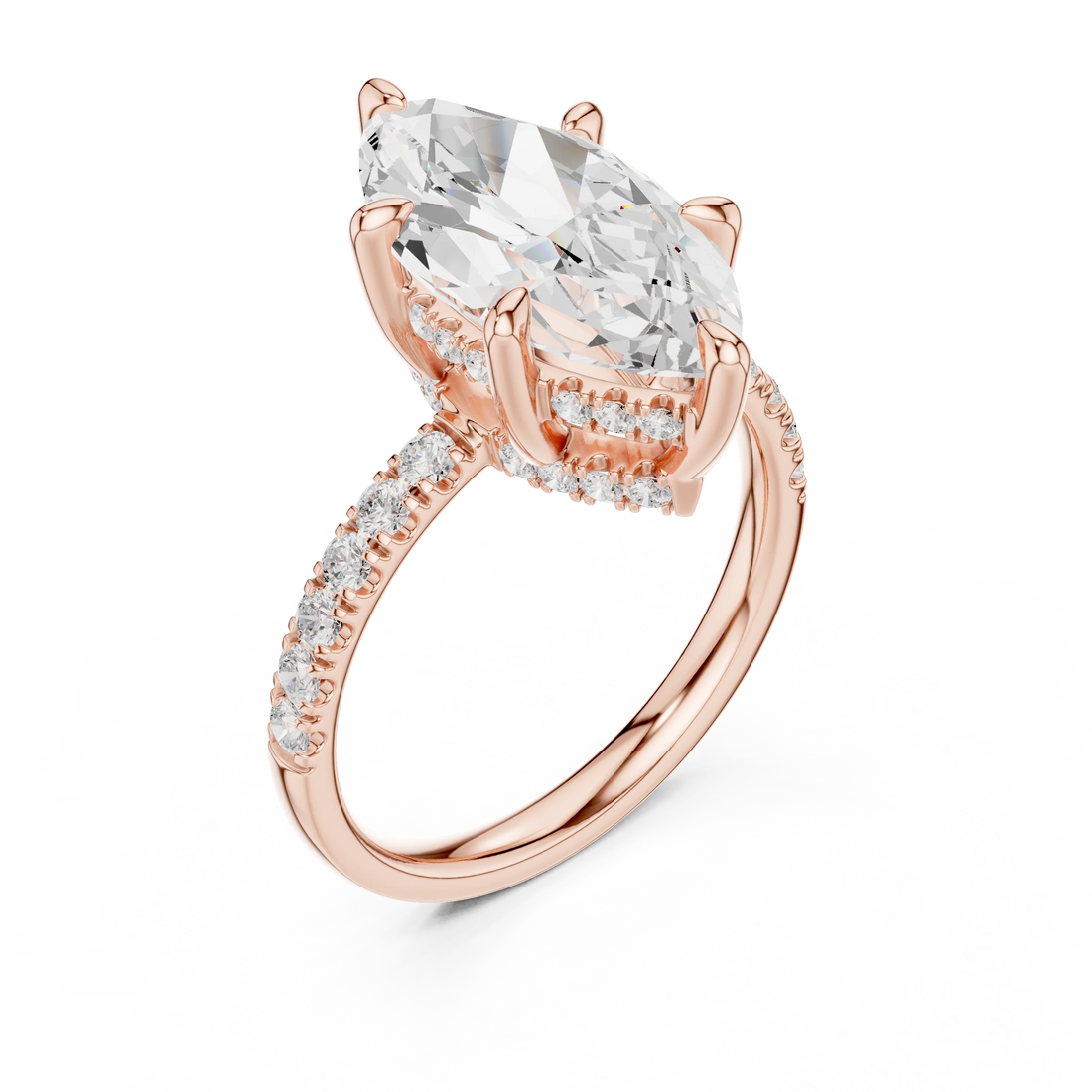 Marquise Diamond Hidden Halo Engagement Ring with Pave Band