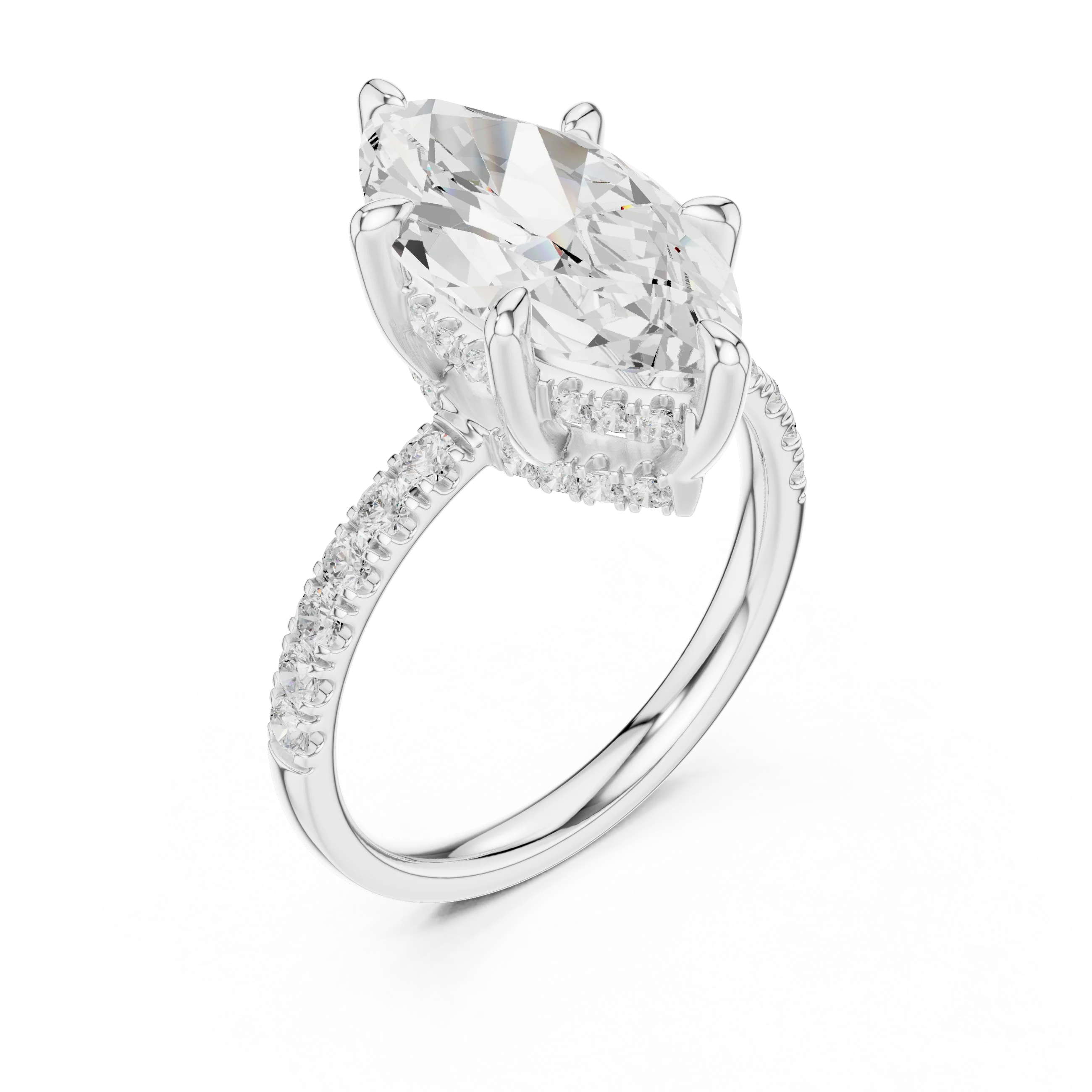 Marquise Diamond Hidden Halo Engagement Ring with Pave Band