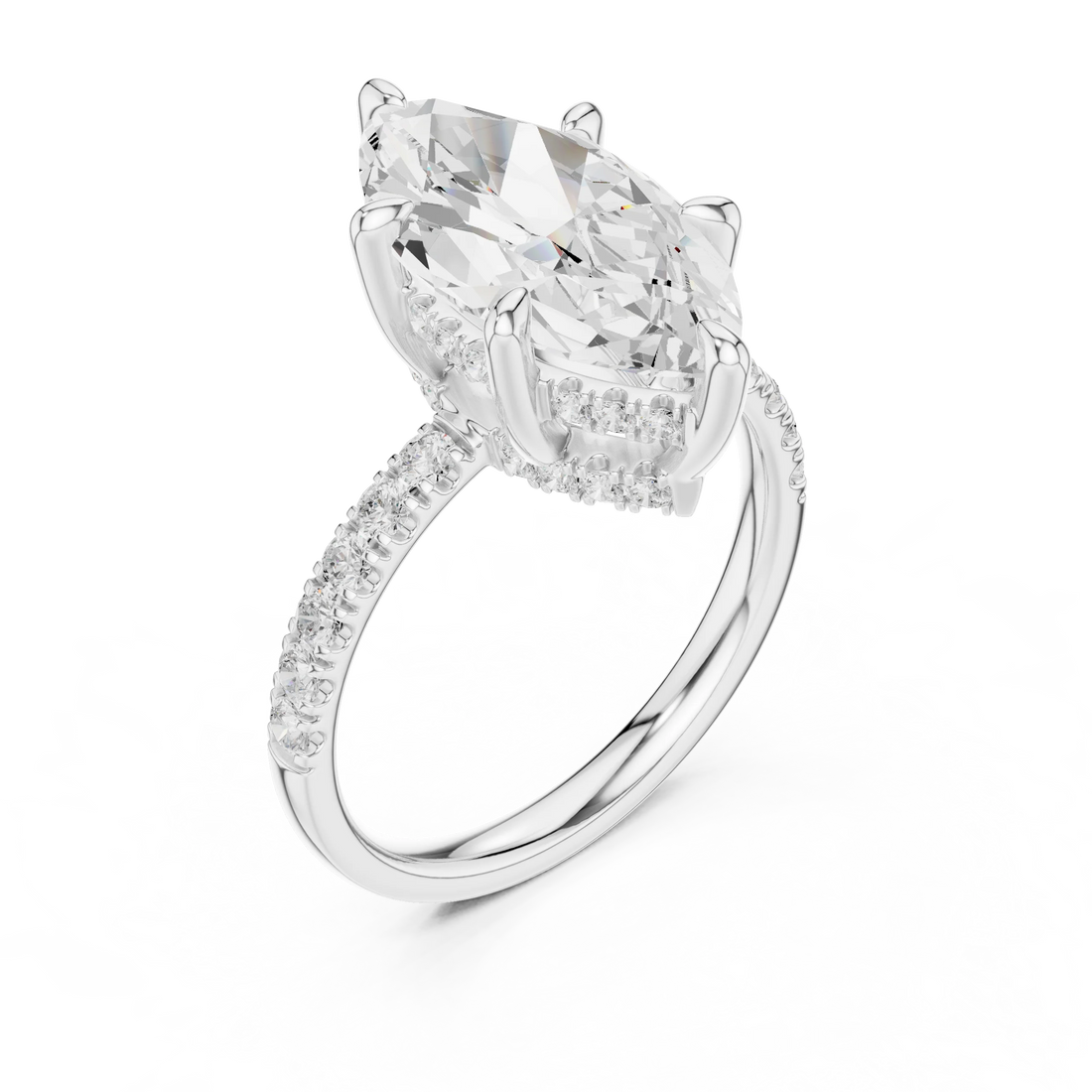 Marquise Diamond Hidden Halo Engagement Ring with Pave Band