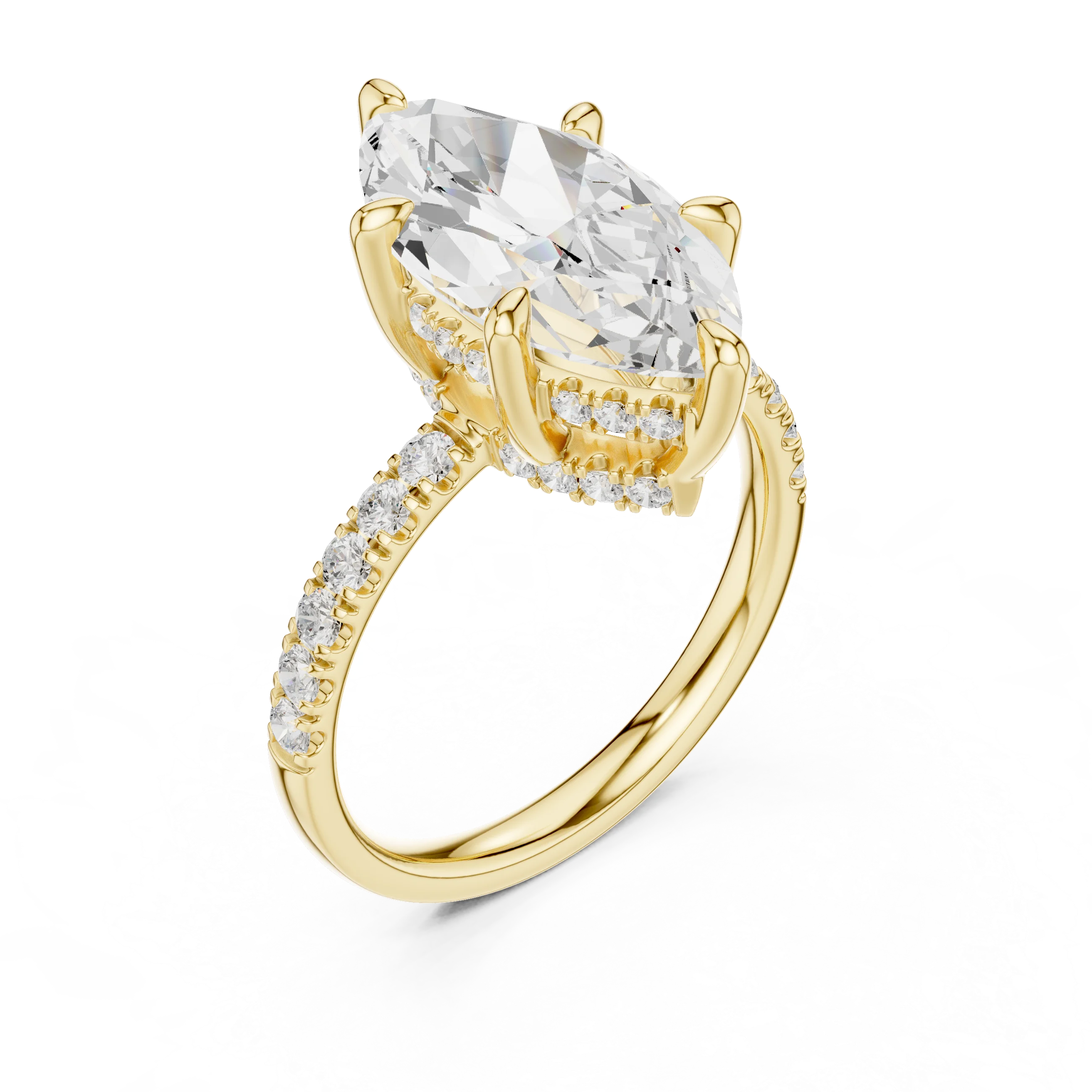 Marquise Diamond Hidden Halo Engagement Ring with Pave Band