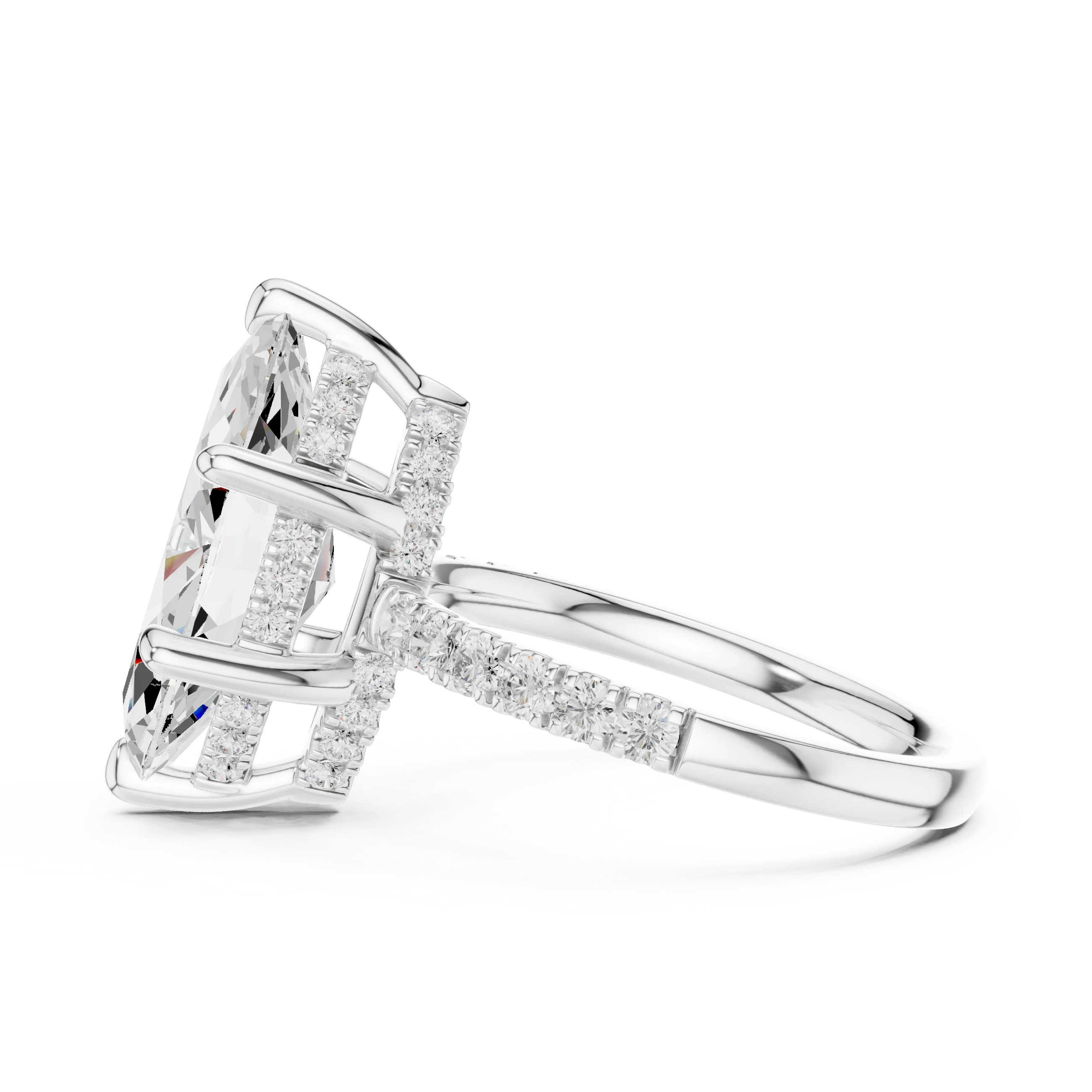 Marquise Diamond Hidden Halo Engagement Ring with Pave Band