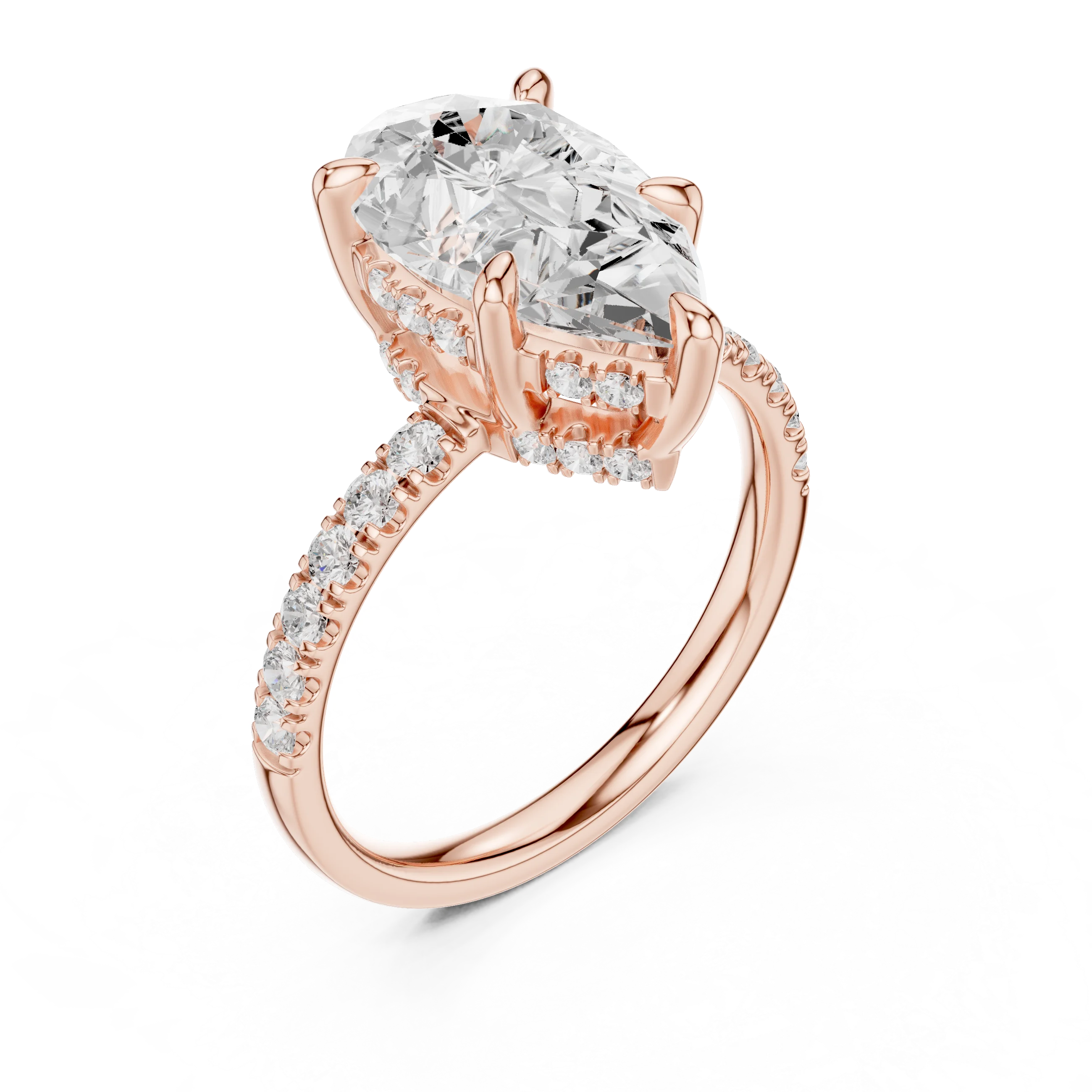 Pear Diamond Hidden Halo Engagement Ring with Pave Band