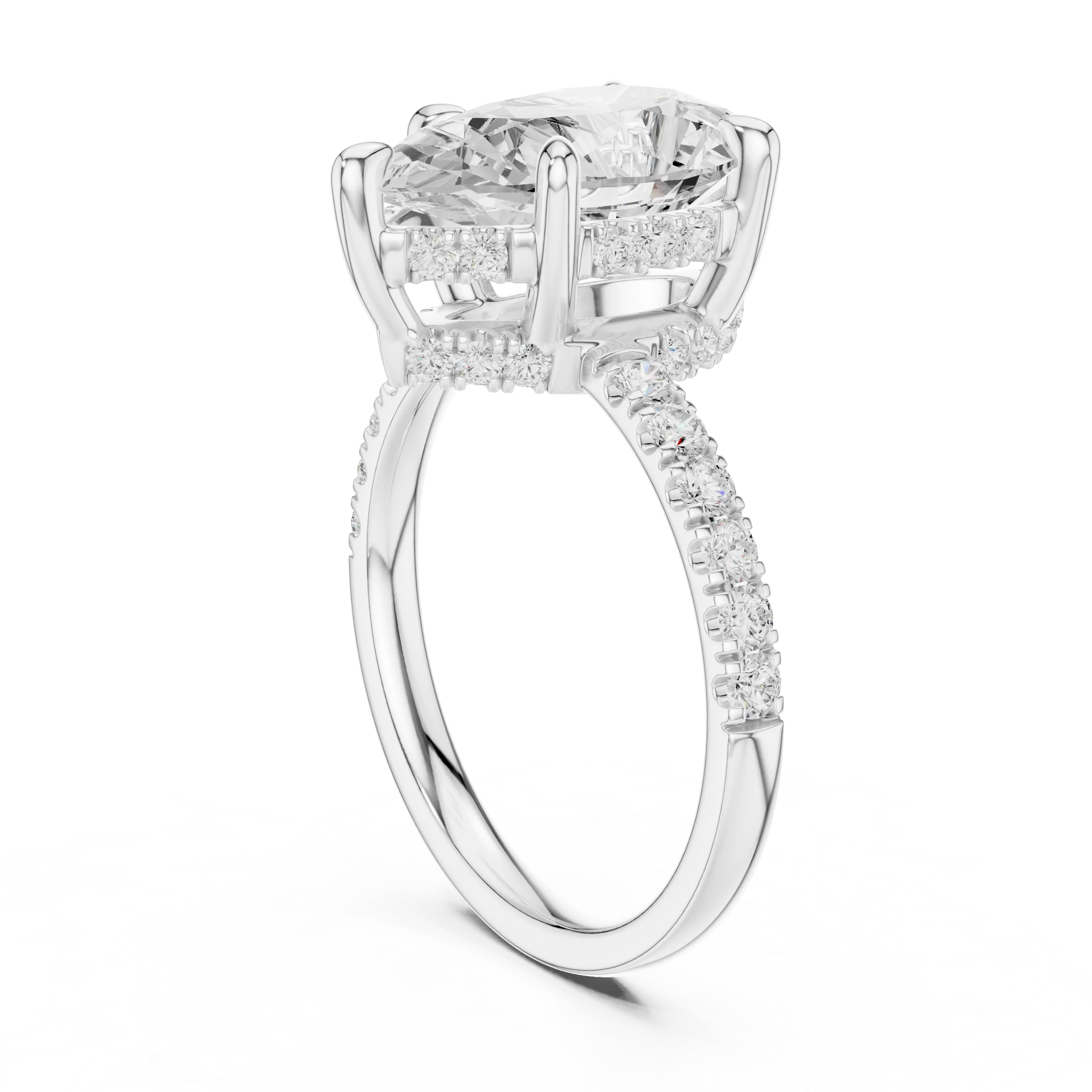 Pear Diamond Hidden Halo Engagement Ring with Pave Band