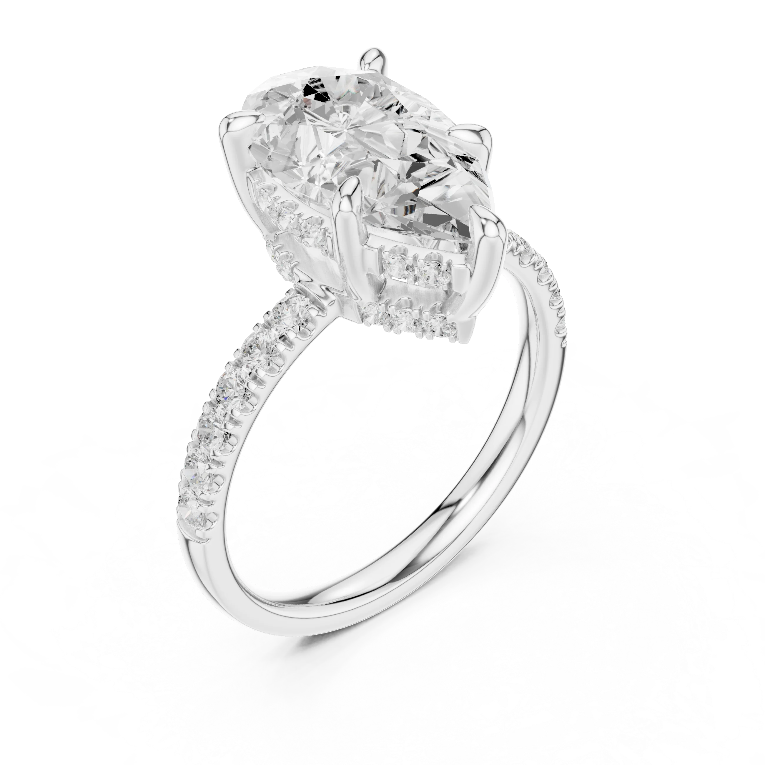 Pear Diamond Hidden Halo Engagement Ring with Pave Band