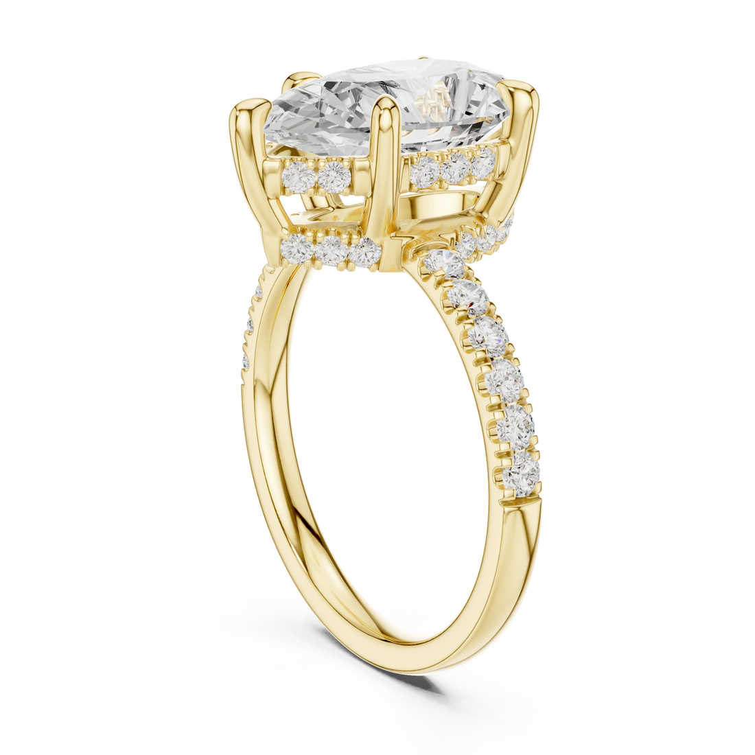 Pear Diamond Hidden Halo Engagement Ring with Pave Band