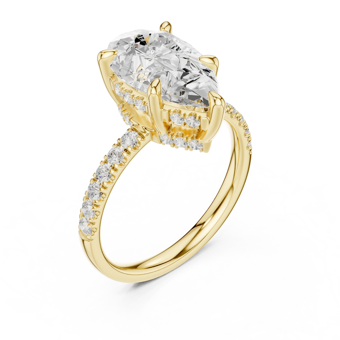 Pear Diamond Hidden Halo Engagement Ring with Pave Band