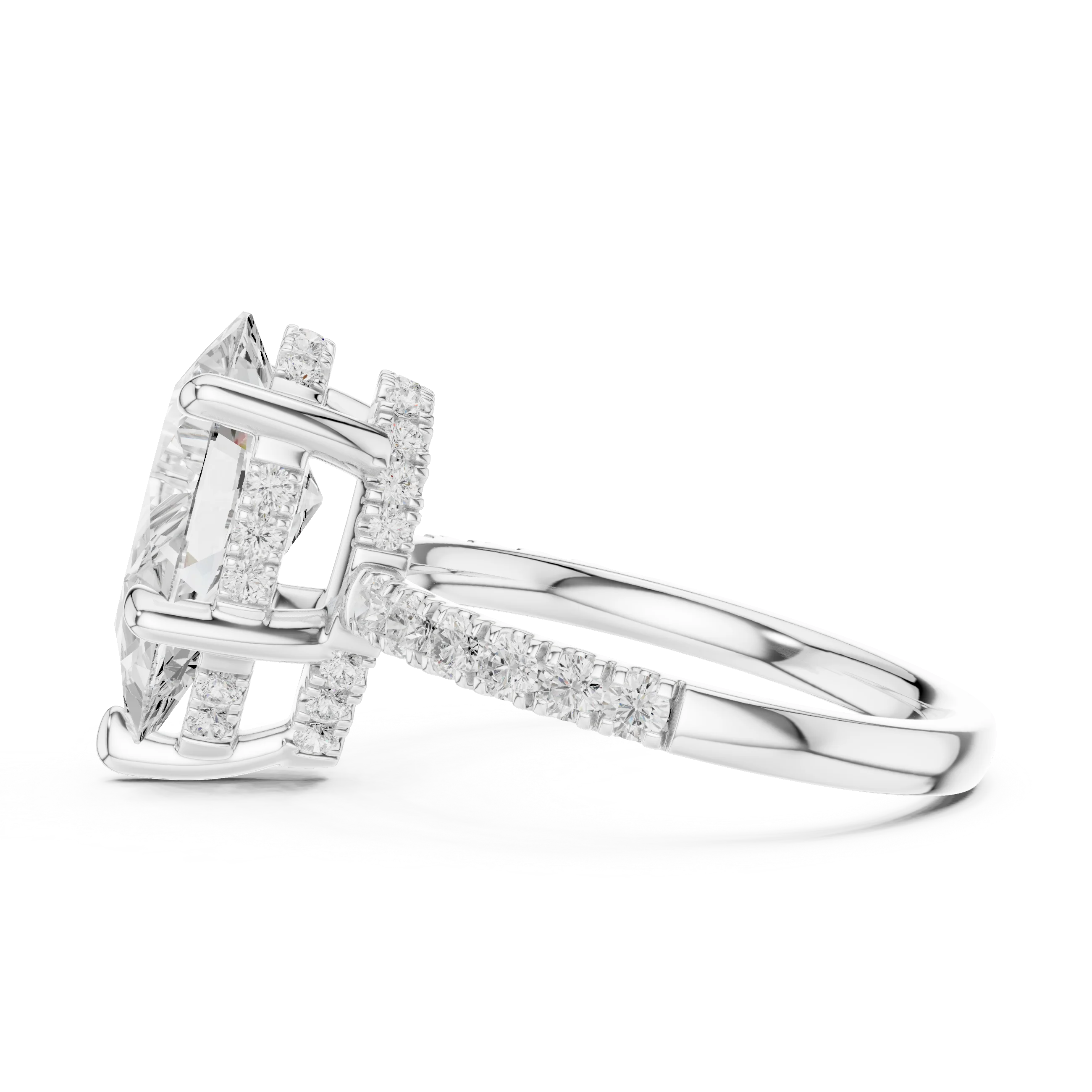 Pear Diamond Hidden Halo Engagement Ring with Pave Band