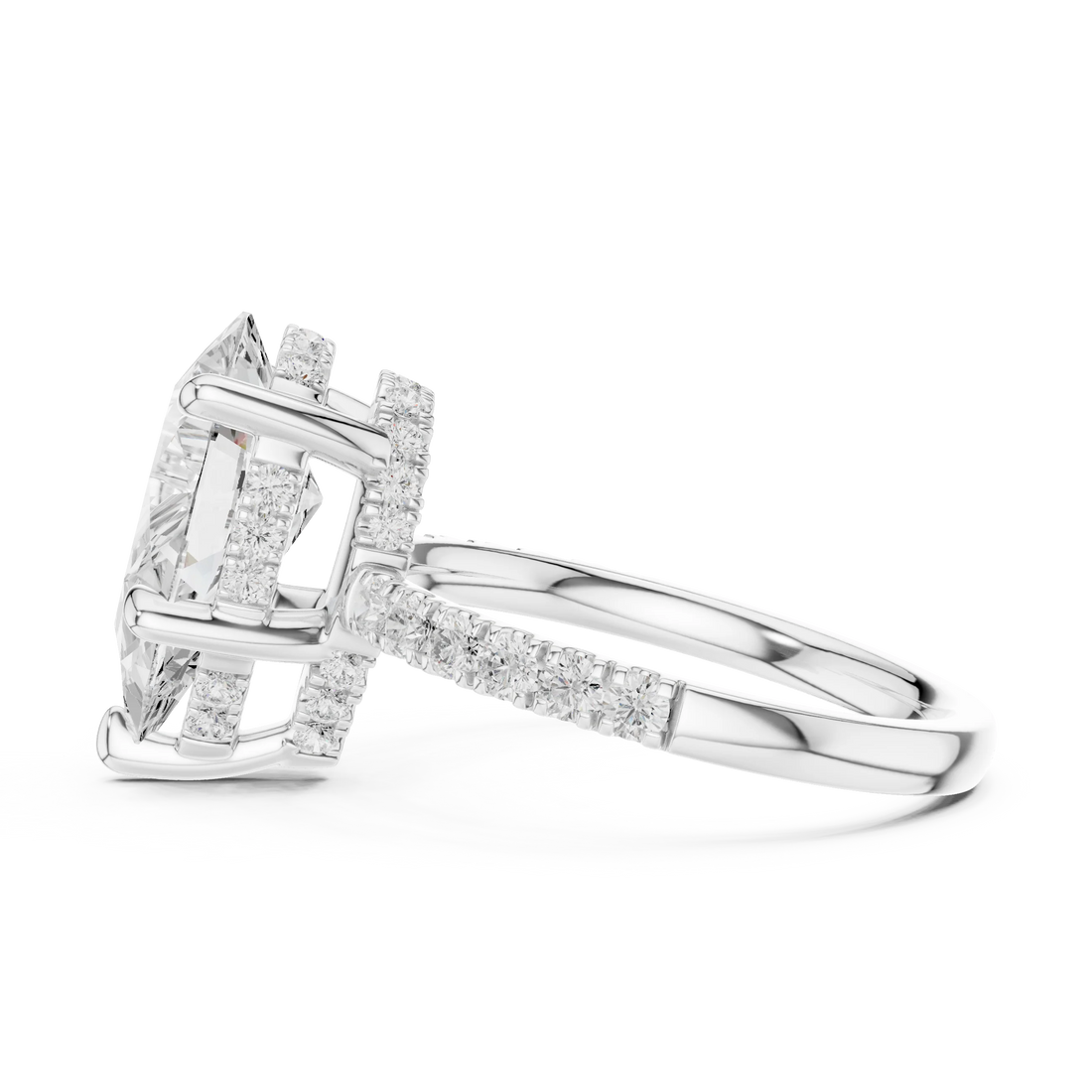 Pear Diamond Hidden Halo Engagement Ring with Pave Band