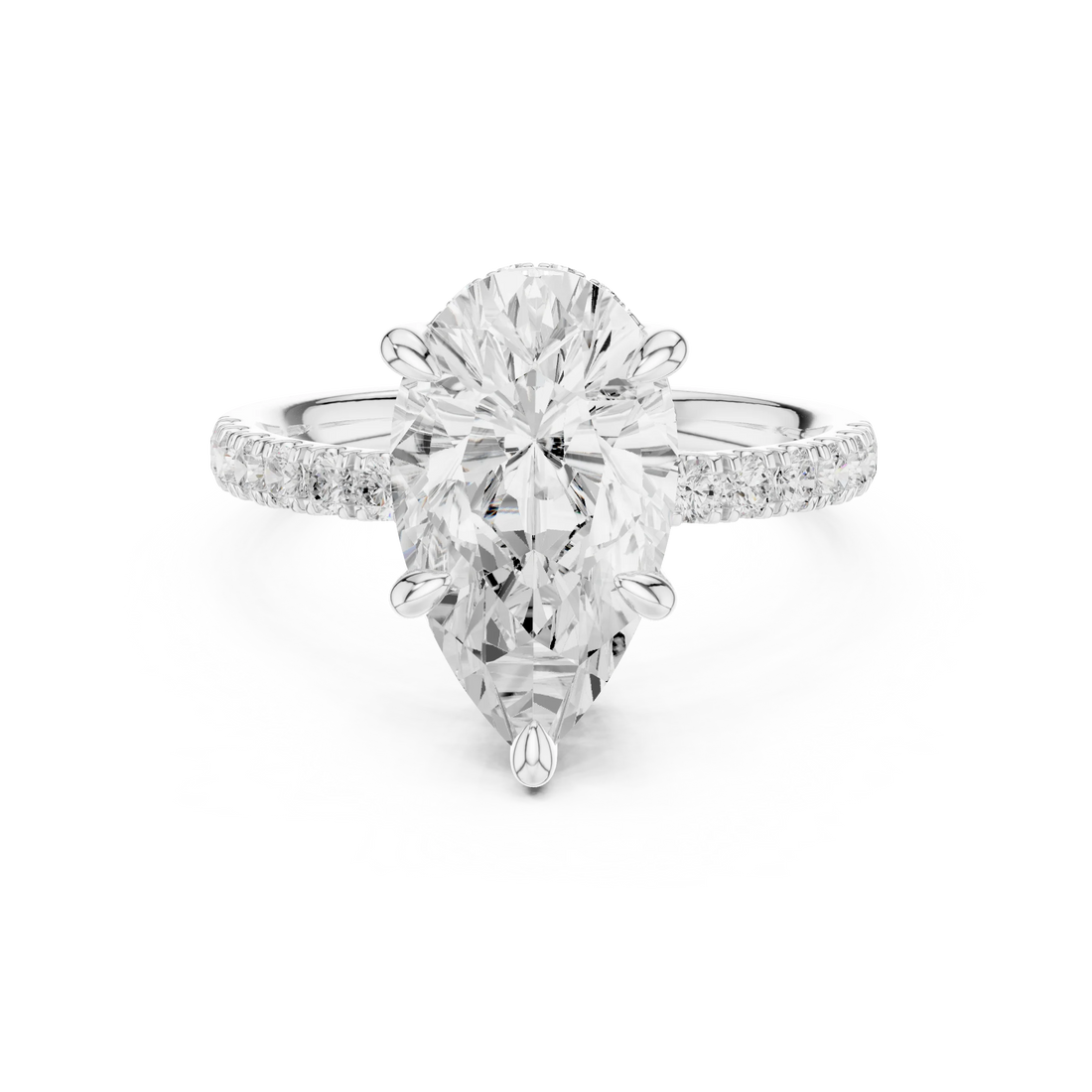 Pear Diamond Hidden Halo Engagement Ring with Pave Band