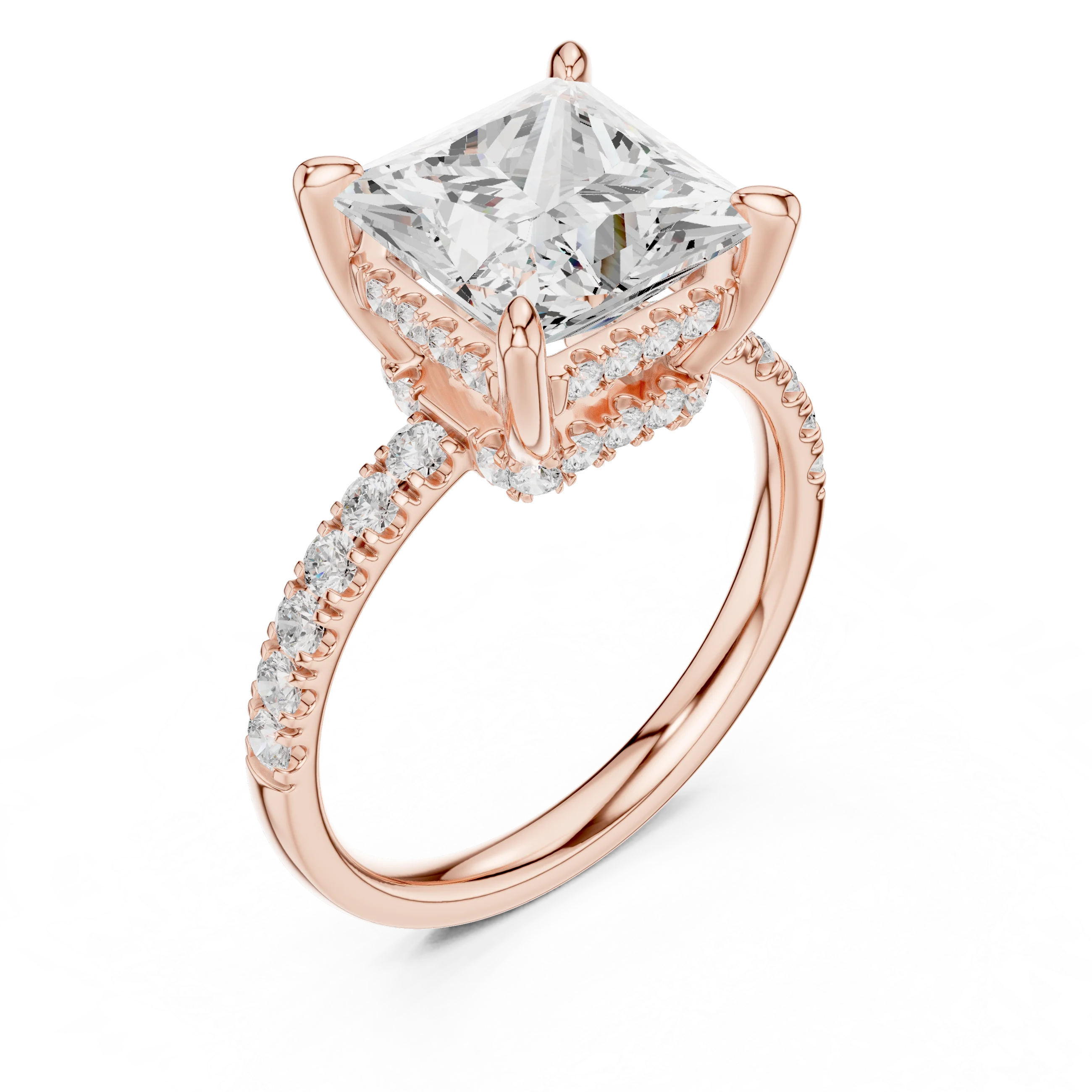 Princess Diamond Hidden Halo Engagement Ring with Pave Band