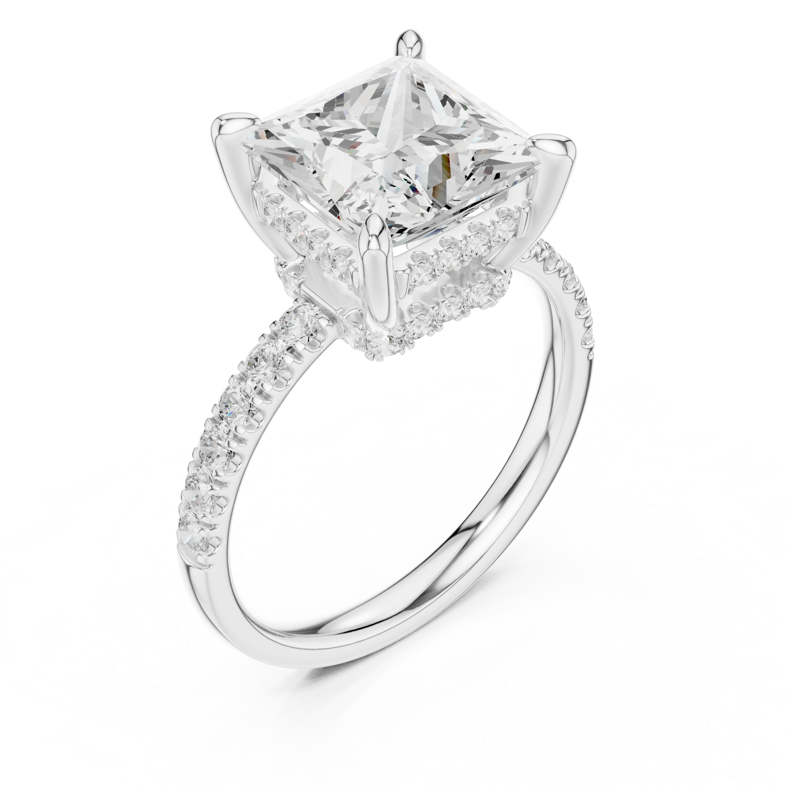 Princess Diamond Hidden Halo Engagement Ring with Pave Band