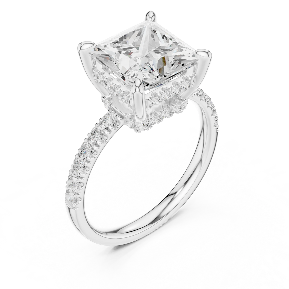 Princess Diamond Hidden Halo Engagement Ring with Pave Band