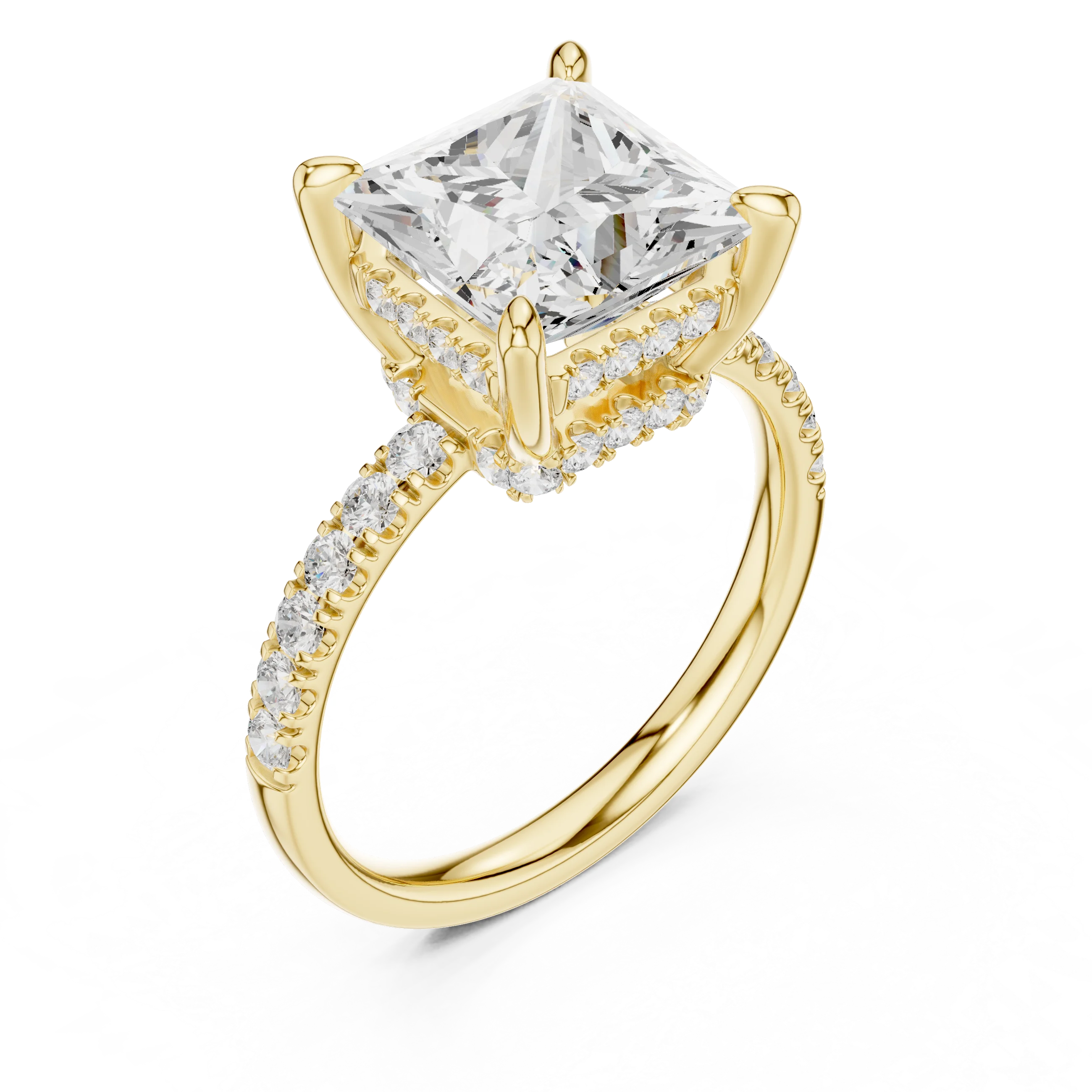 Princess Diamond Hidden Halo Engagement Ring with Pave Band