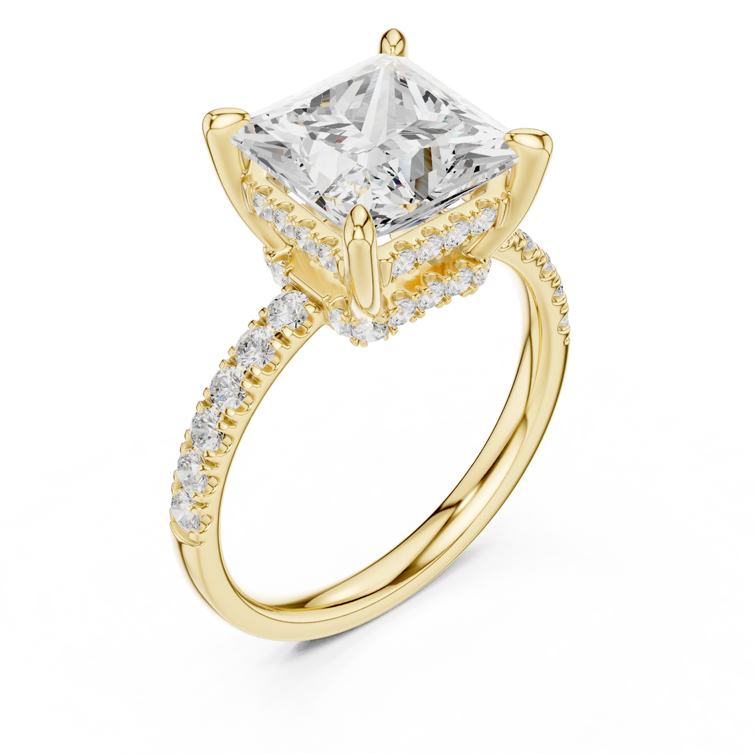 Princess Diamond Hidden Halo Engagement Ring with Pave Band