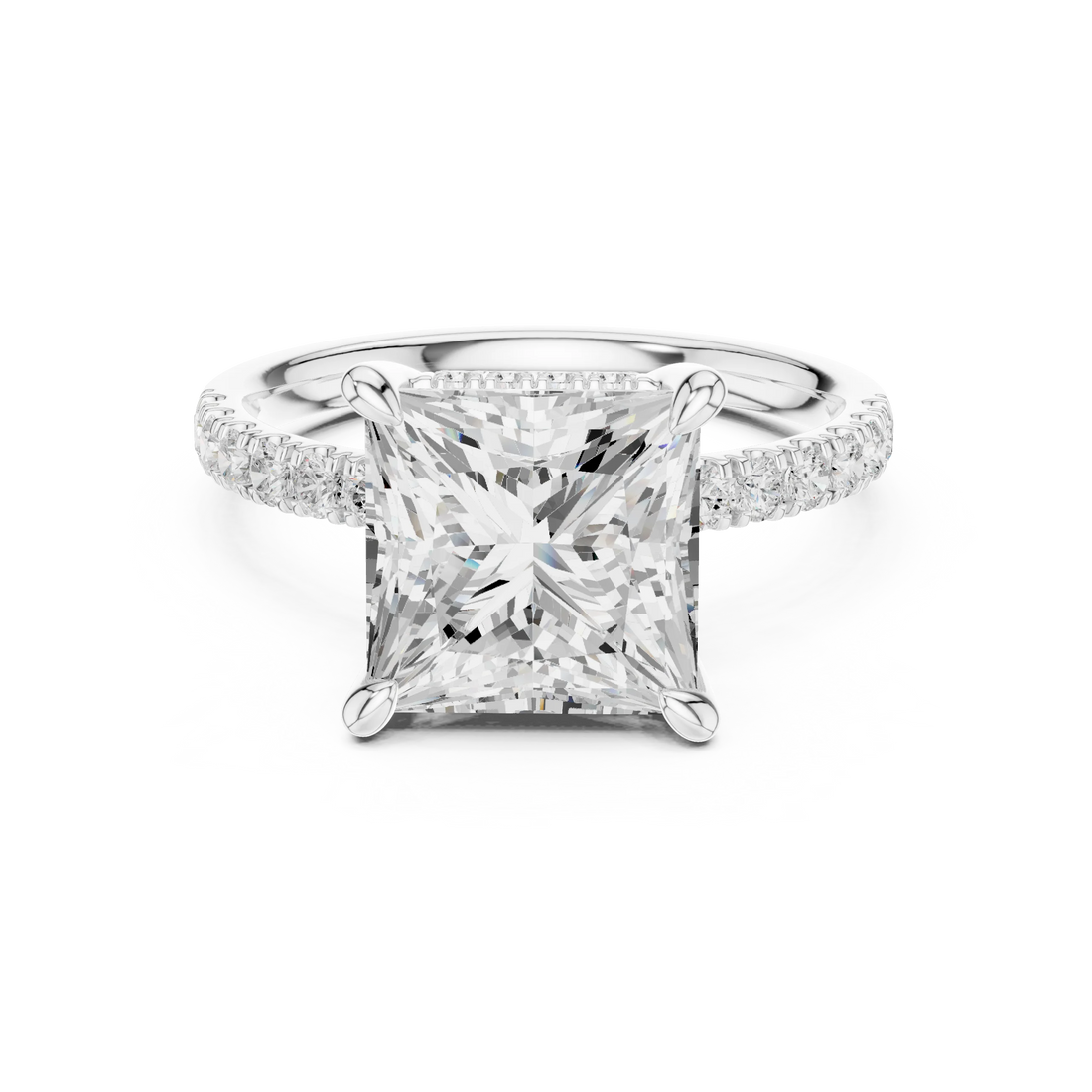 Princess Diamond Hidden Halo Engagement Ring with Pave Band