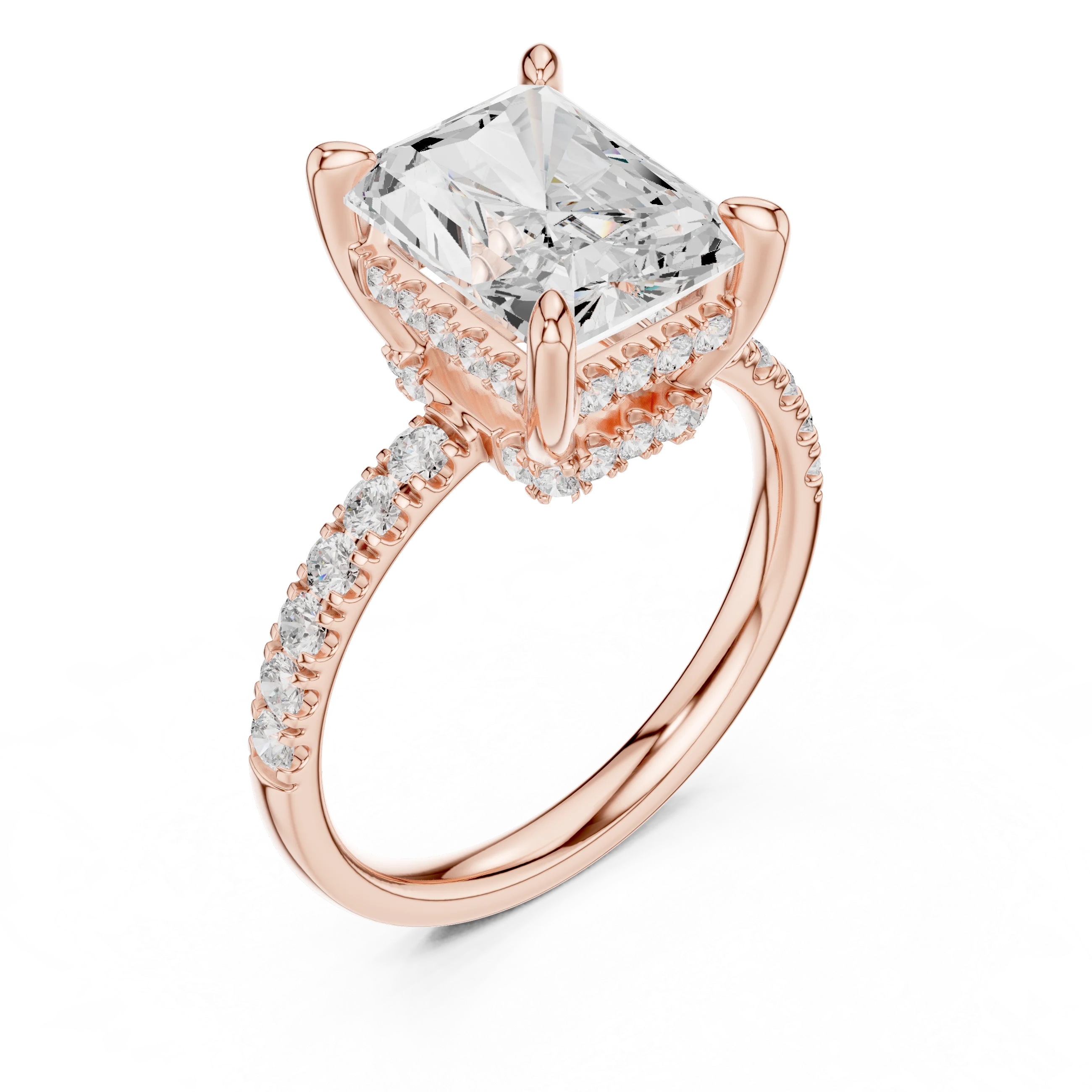 Radiant Diamond Hidden Halo Engagement Ring with Pave Band