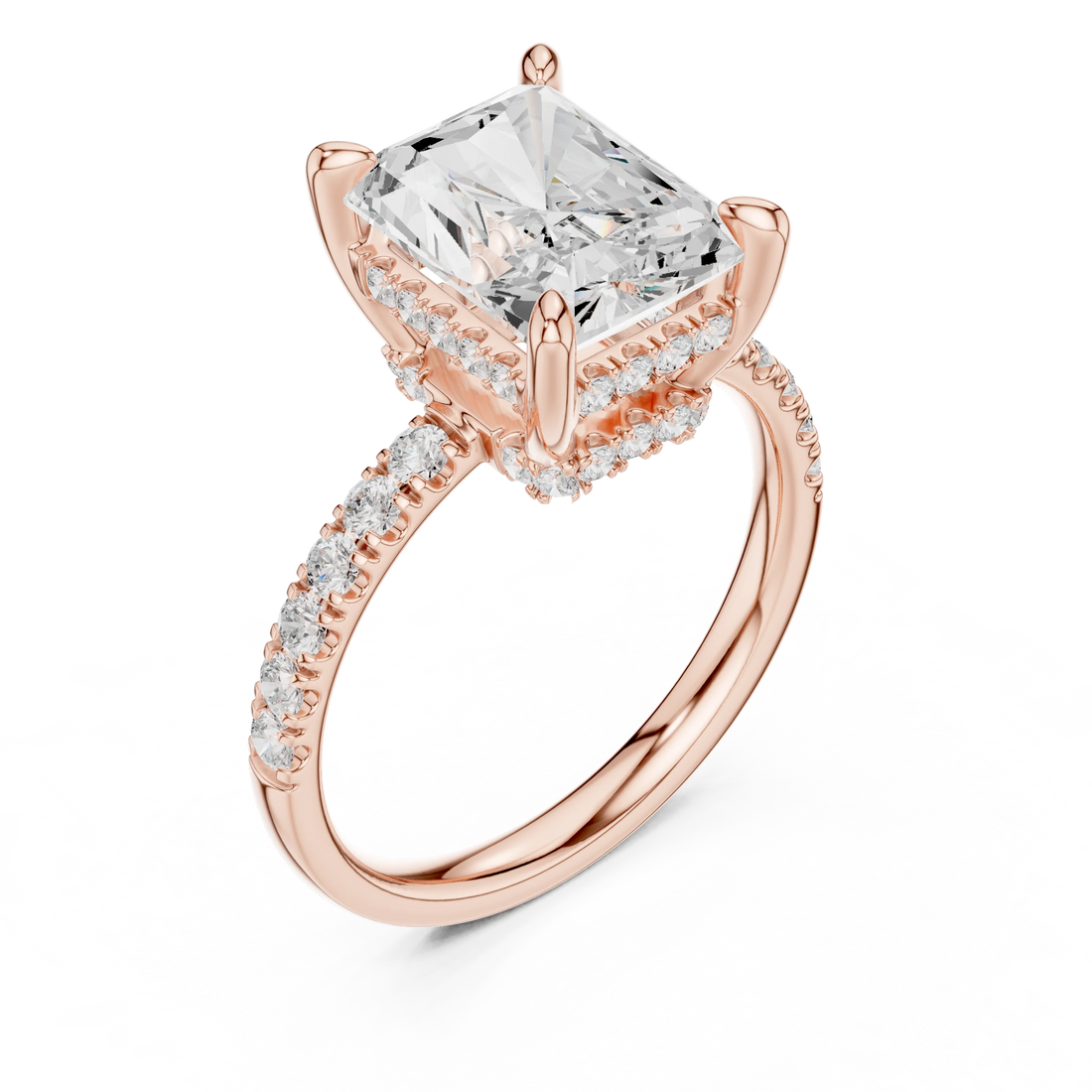 Radiant Diamond Hidden Halo Engagement Ring with Pave Band