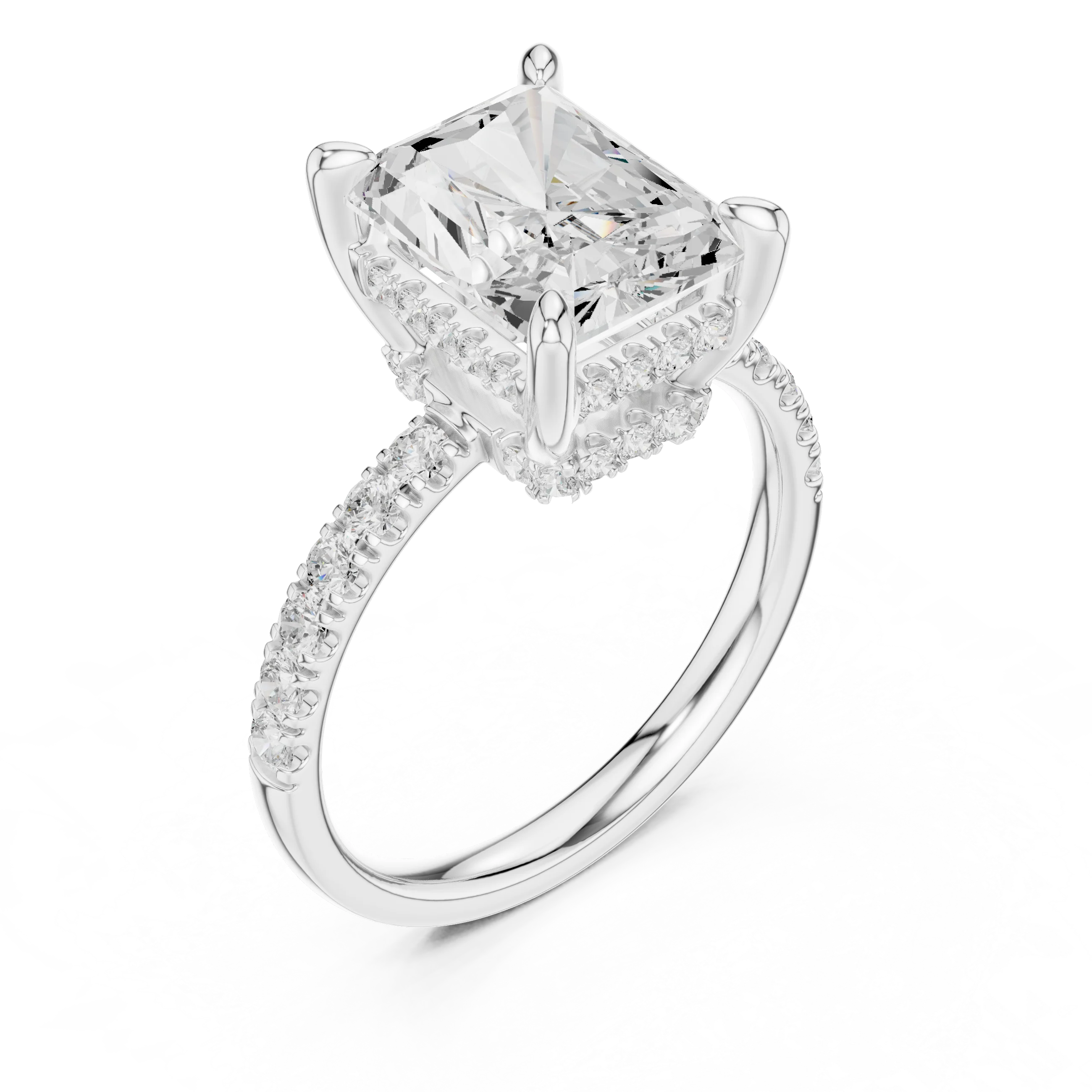 Radiant Diamond Hidden Halo Engagement Ring with Pave Band