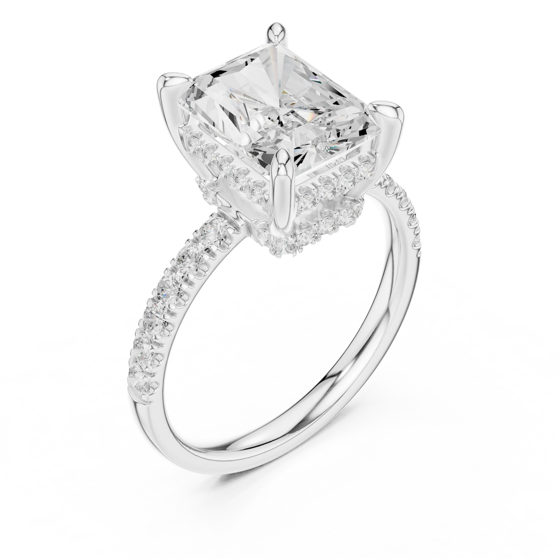 Radiant Diamond Hidden Halo Engagement Ring with Pave Band