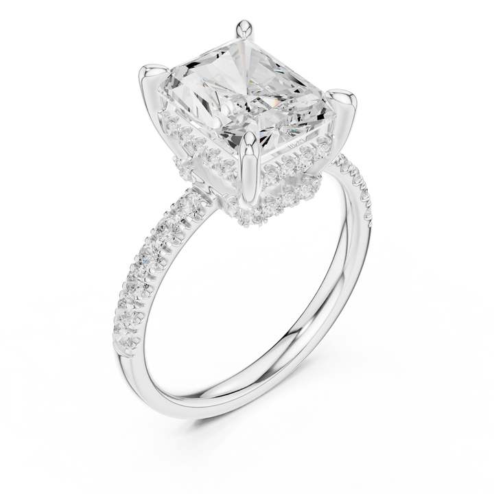 Radiant Diamond Hidden Halo Engagement Ring with Pave Band