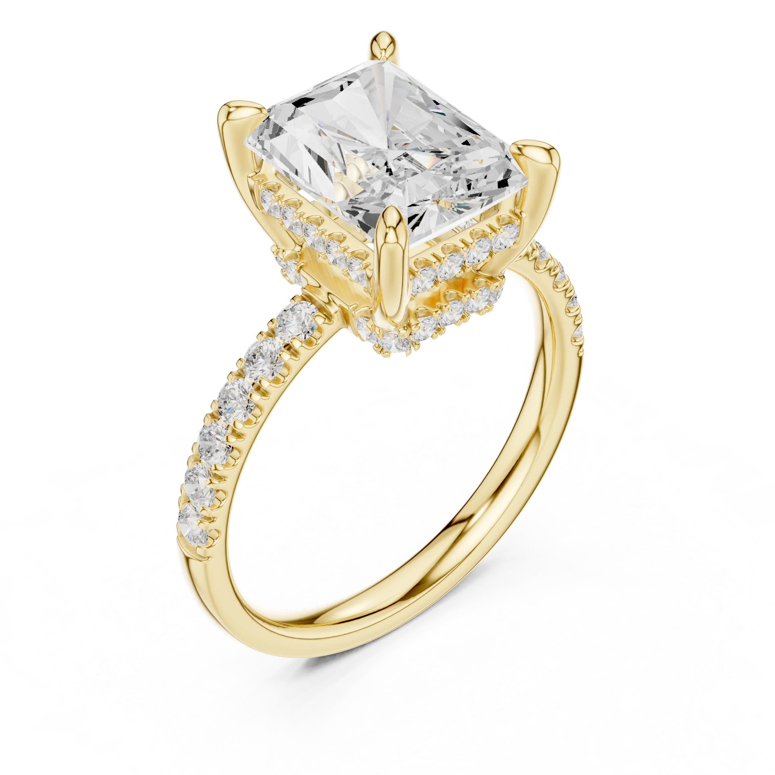 Radiant Diamond Hidden Halo Engagement Ring with Pave Band