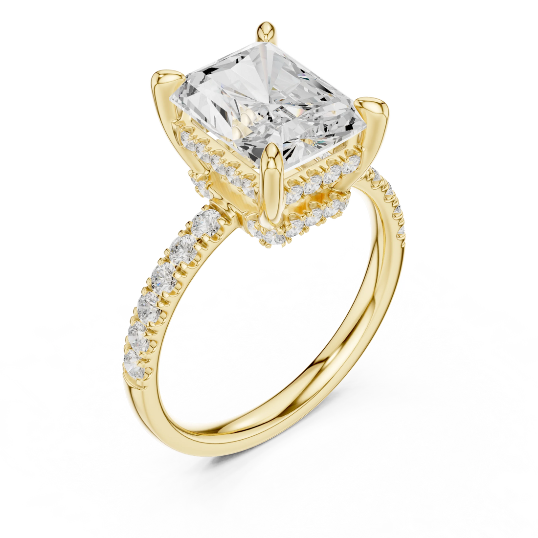 Radiant Diamond Hidden Halo Engagement Ring with Pave Band