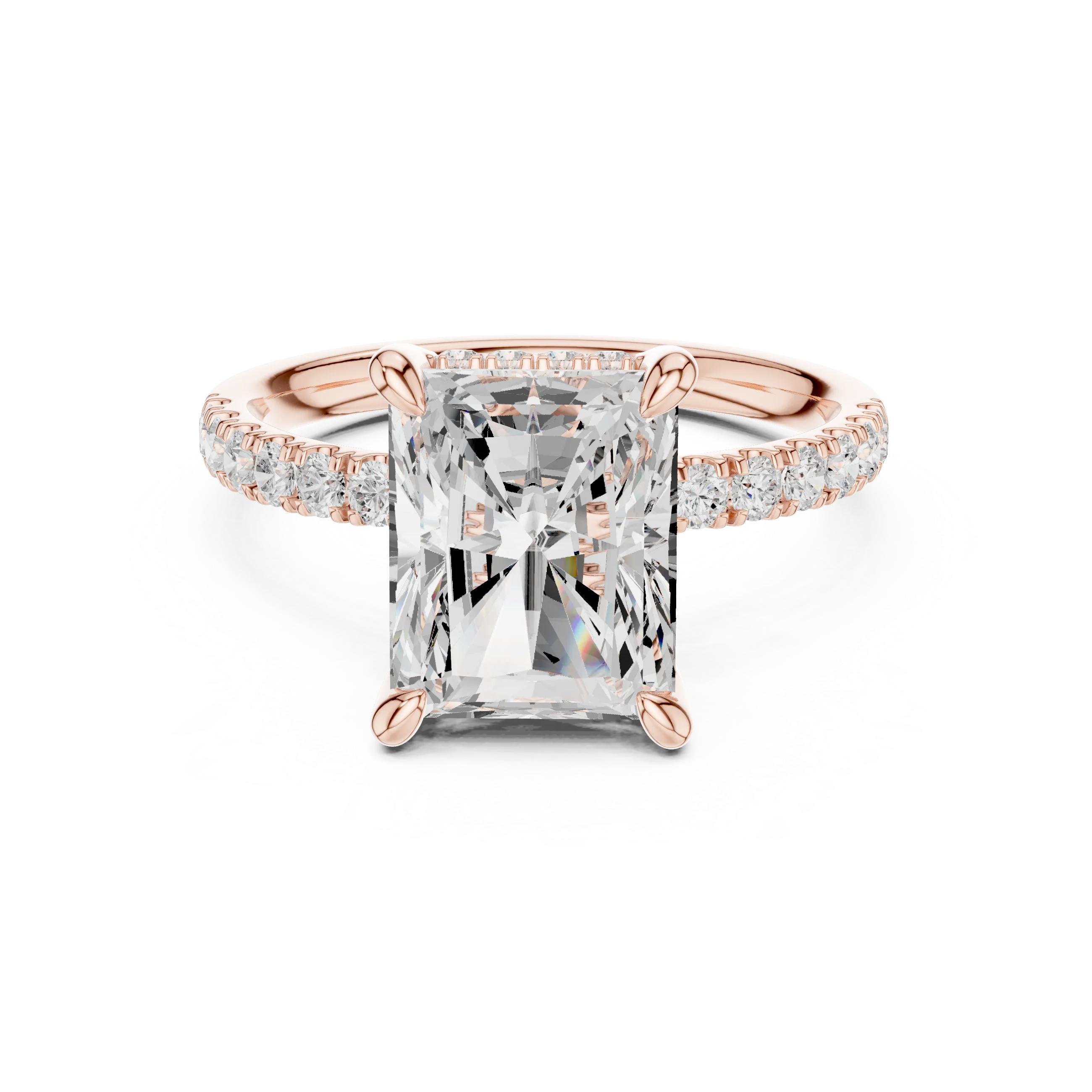 Radiant Diamond Hidden Halo Engagement Ring with Pave Band