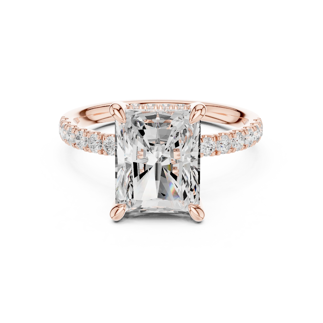 Radiant Diamond Hidden Halo Engagement Ring with Pave Band