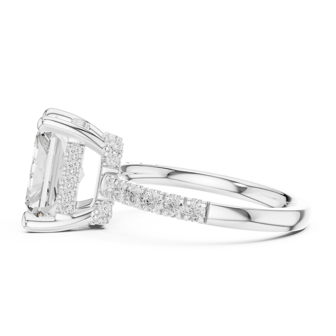 Radiant Diamond Hidden Halo Engagement Ring with Pave Band