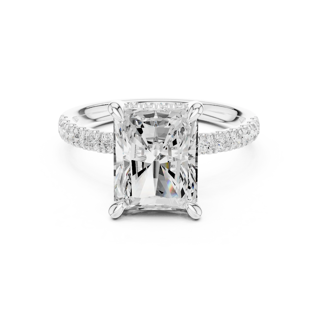 Radiant Diamond Hidden Halo Engagement Ring with Pave Band