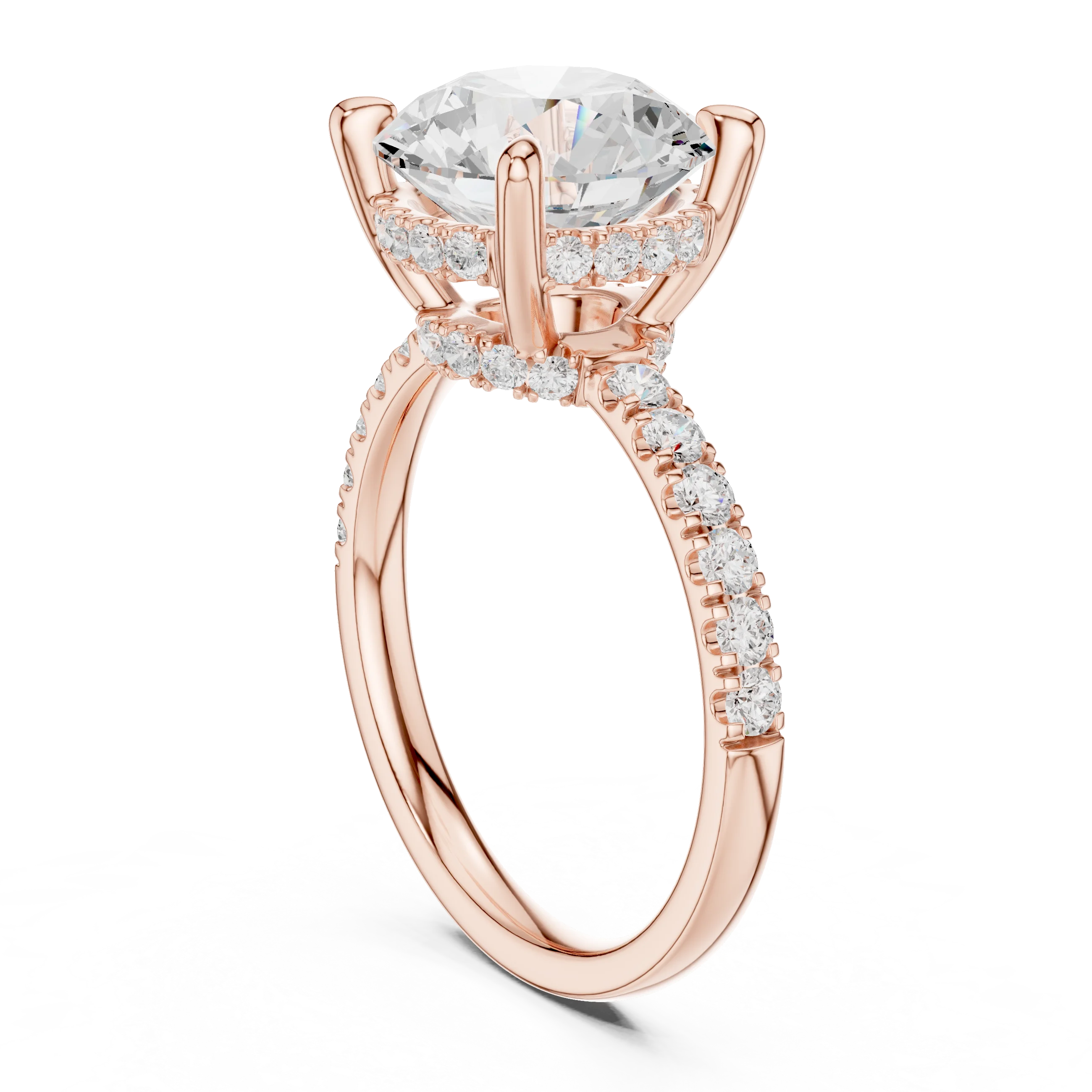 Round Diamond Hidden Halo Engagement Ring with Pave Band